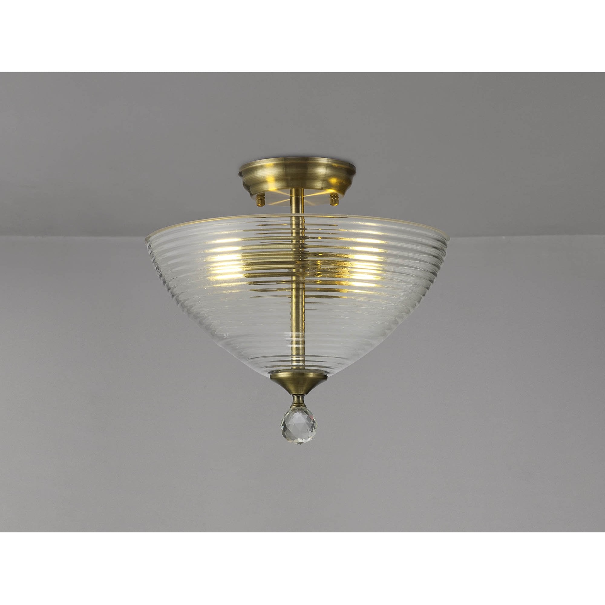 Fabula Mansfield 2 Light Semi-Flush Light - 33.5cm Round Prismatic Effect Glass Shade - Antique Brass & Clear Glass