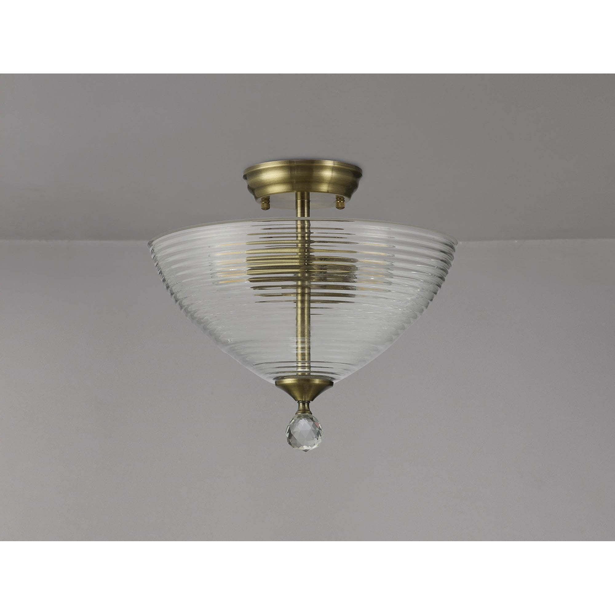 Fabula Mansfield 2 Light Semi-Flush Light - 33.5cm Round Prismatic Effect Glass Shade - Antique Brass & Clear Glass