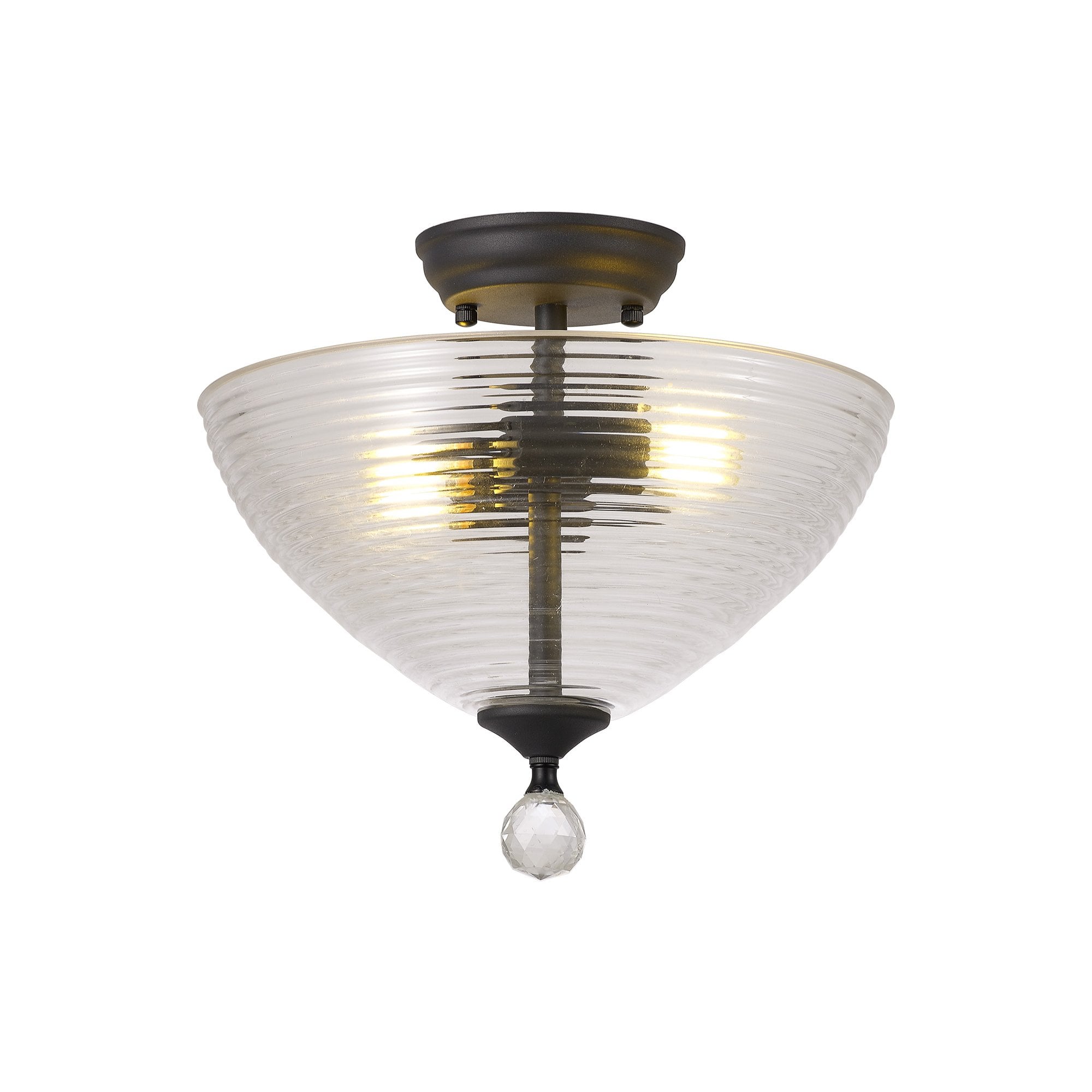 Fabula Mansfield 2 Light Semi-Flush Light - 33.5cm Round Prismatic Effect Glass Shade - Graphite & Clear Glass