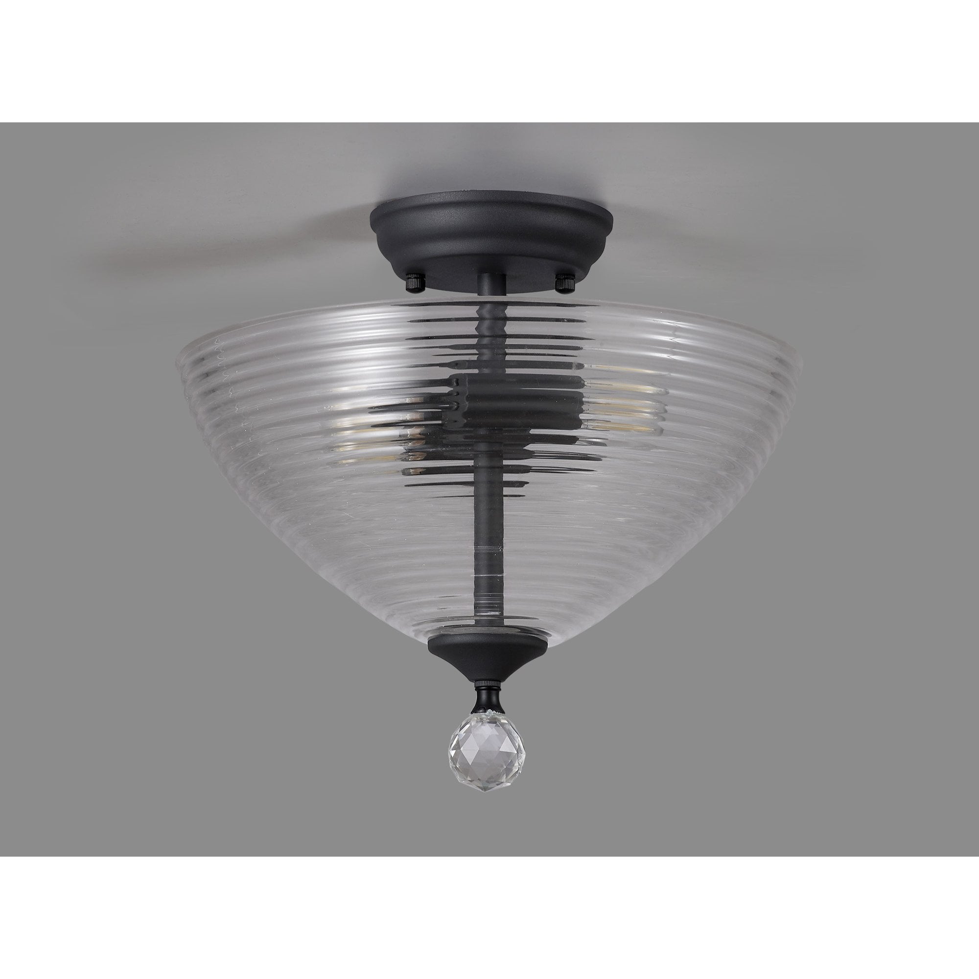 Fabula Mansfield 2 Light Semi-Flush Light - 33.5cm Round Prismatic Effect Glass Shade - Graphite & Clear Glass