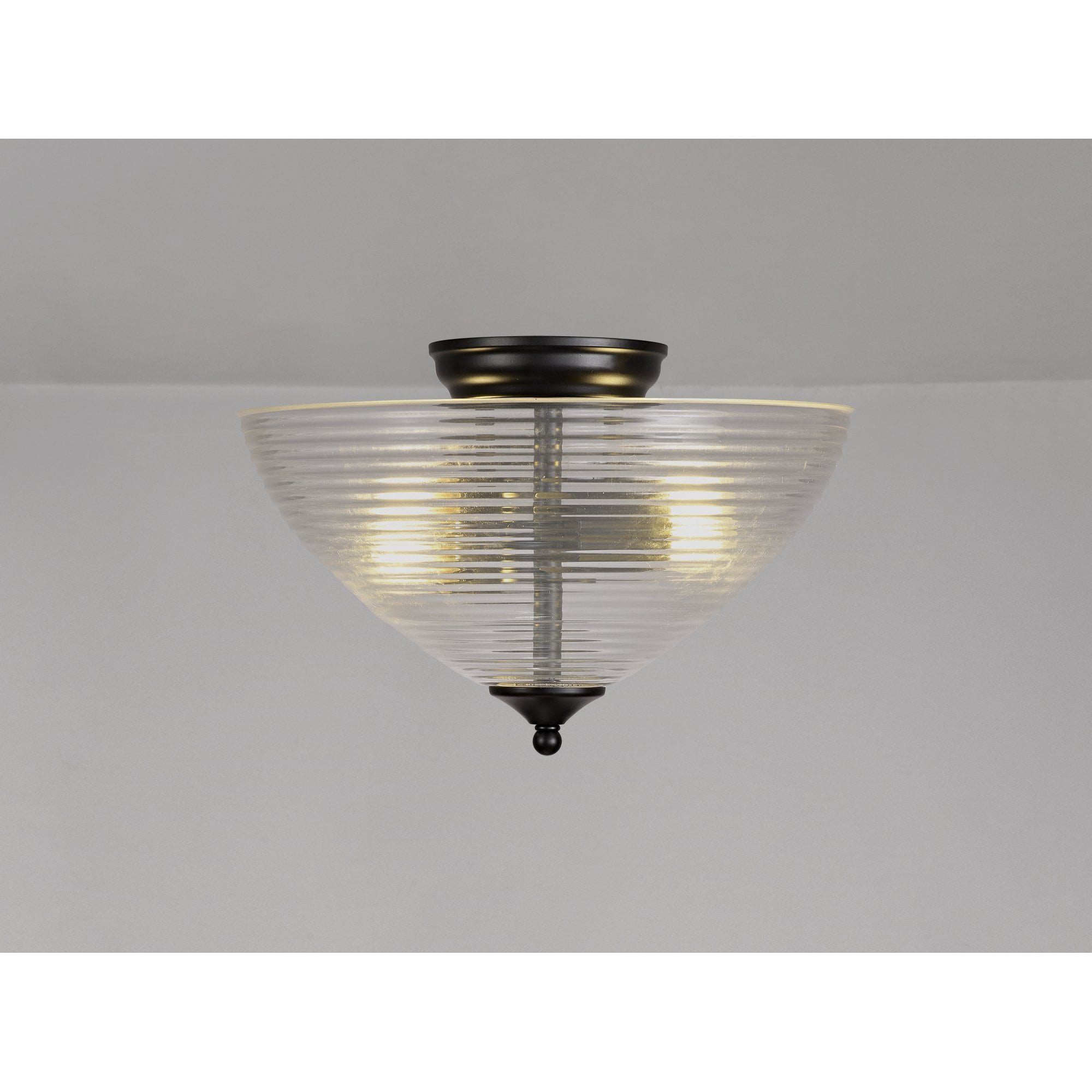 Fabula Mansfield 2 Light Semi-Flush Light - 33.5cm Round Prismatic Effect Glass Shade - Matt Black & Clear Glass