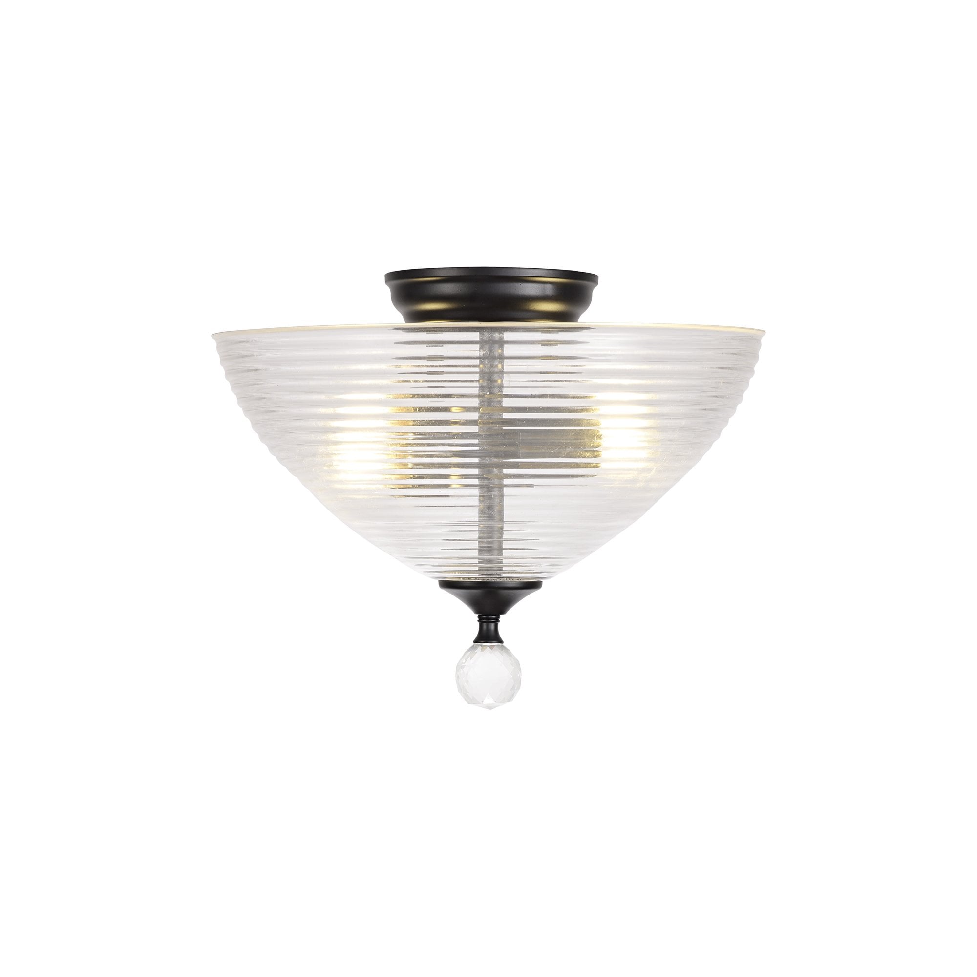 Fabula Mansfield 2 Light Semi-Flush Light - 33.5cm Round Prismatic Effect Glass Shade - Matt Black & Clear Glass