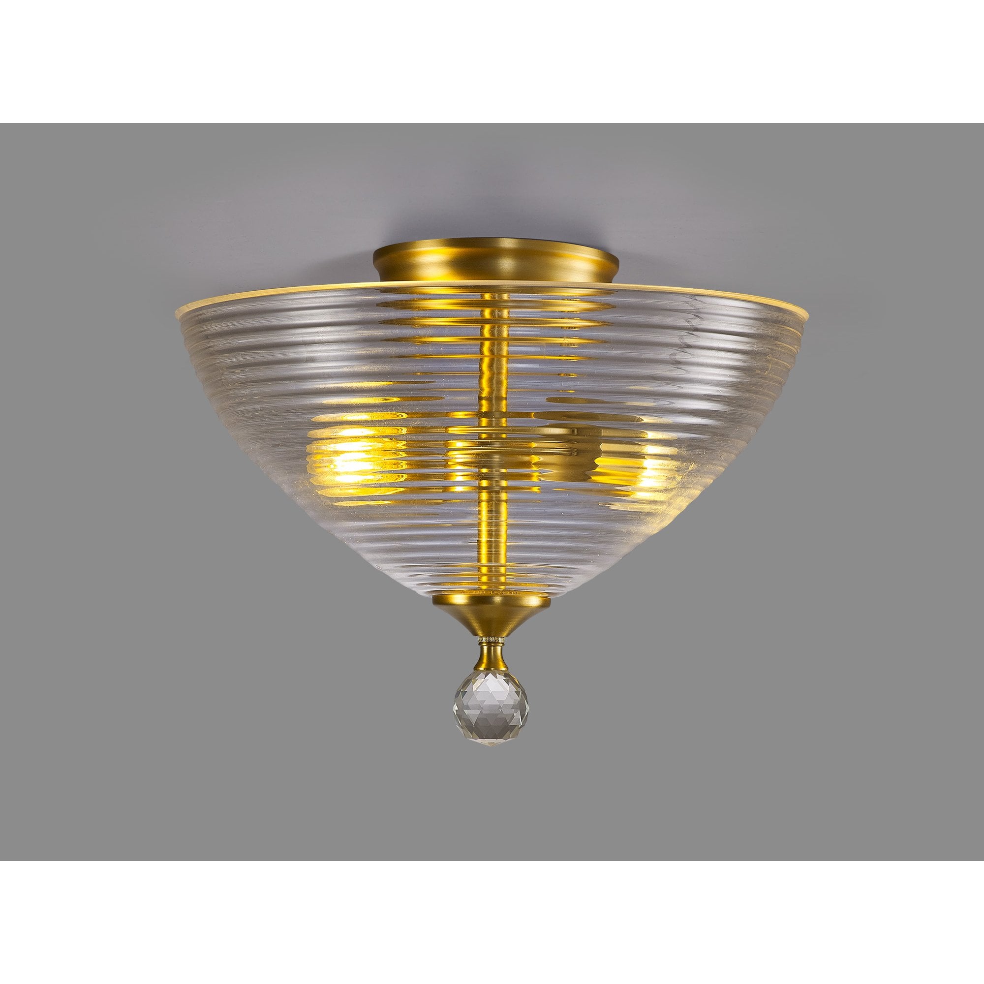 Fabula Mansfield 2 Light Semi-Flush Light - 33.5cm Round Prismatic Effect Glass Shade - Satin Gold & Clear Glass