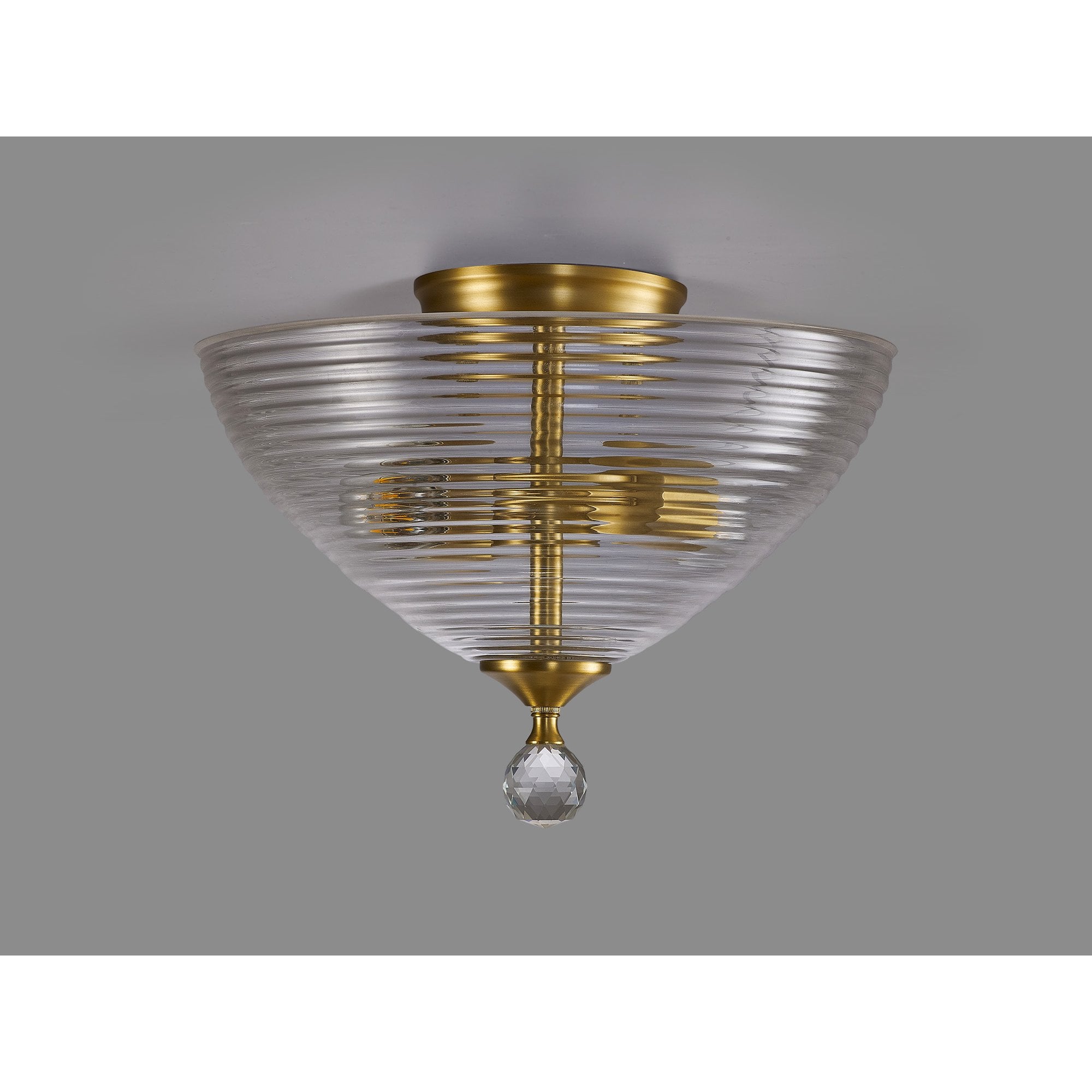 Fabula Mansfield 2 Light Semi-Flush Light - 33.5cm Round Prismatic Effect Glass Shade - Satin Gold & Clear Glass