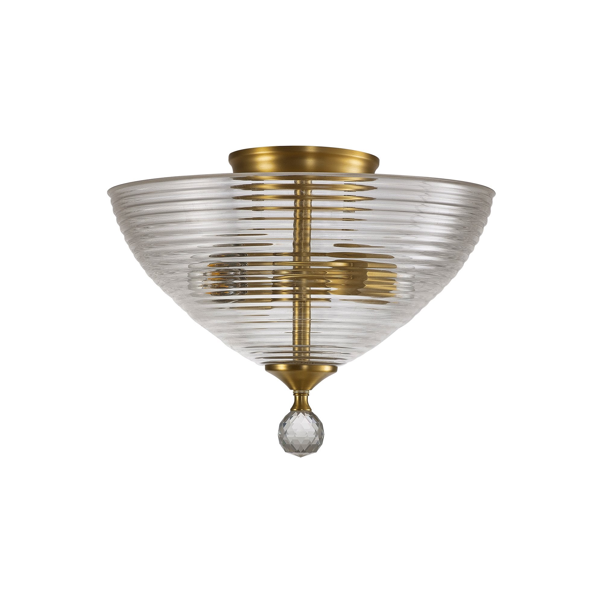 Fabula Mansfield 2 Light Semi-Flush Light - 33.5cm Round Prismatic Effect Glass Shade - Satin Gold & Clear Glass