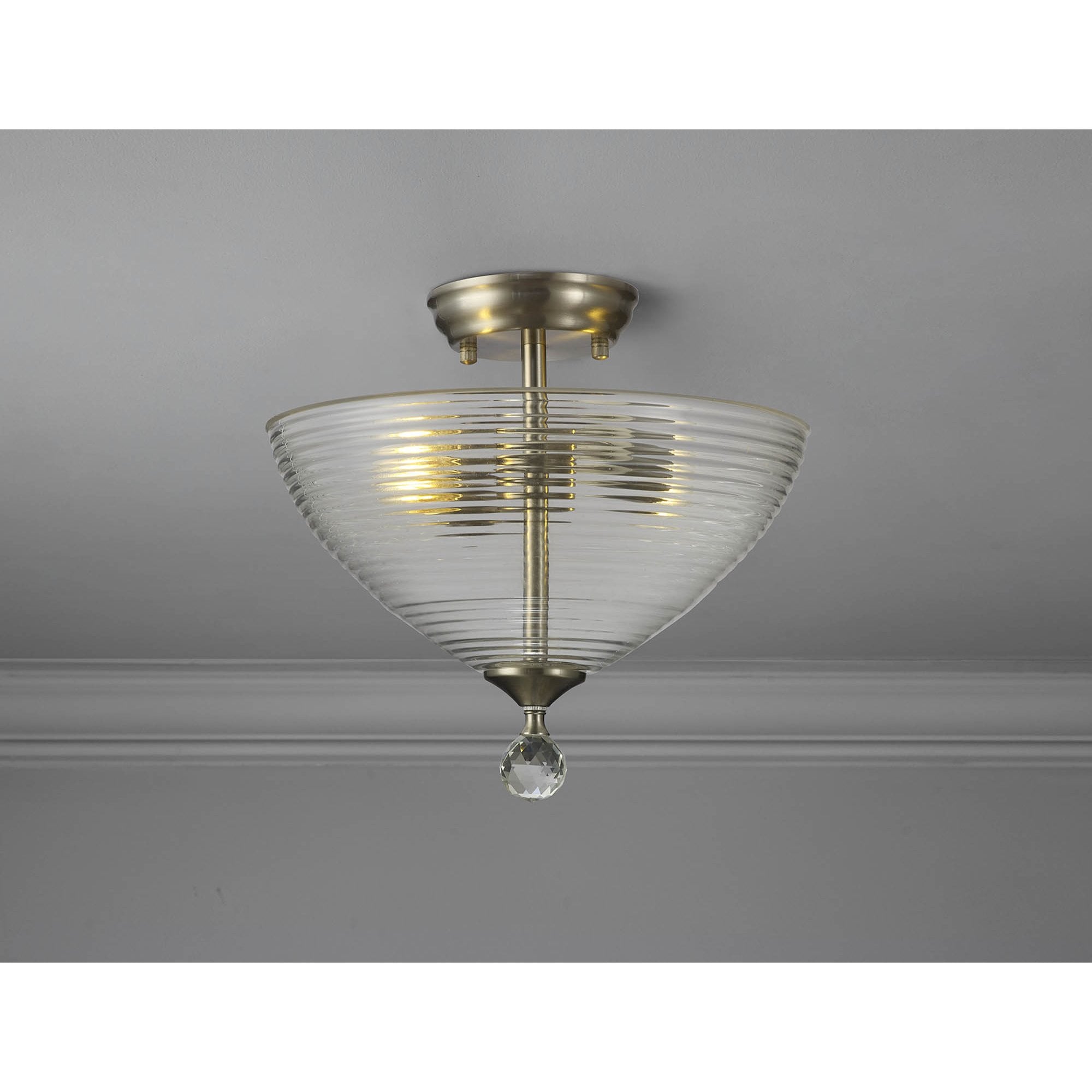 Fabula Mansfield 2 Light Semi-Flush Light - 33.5cm Round Prismatic Effect Glass Shade - Satin Nickel & Clear Glass