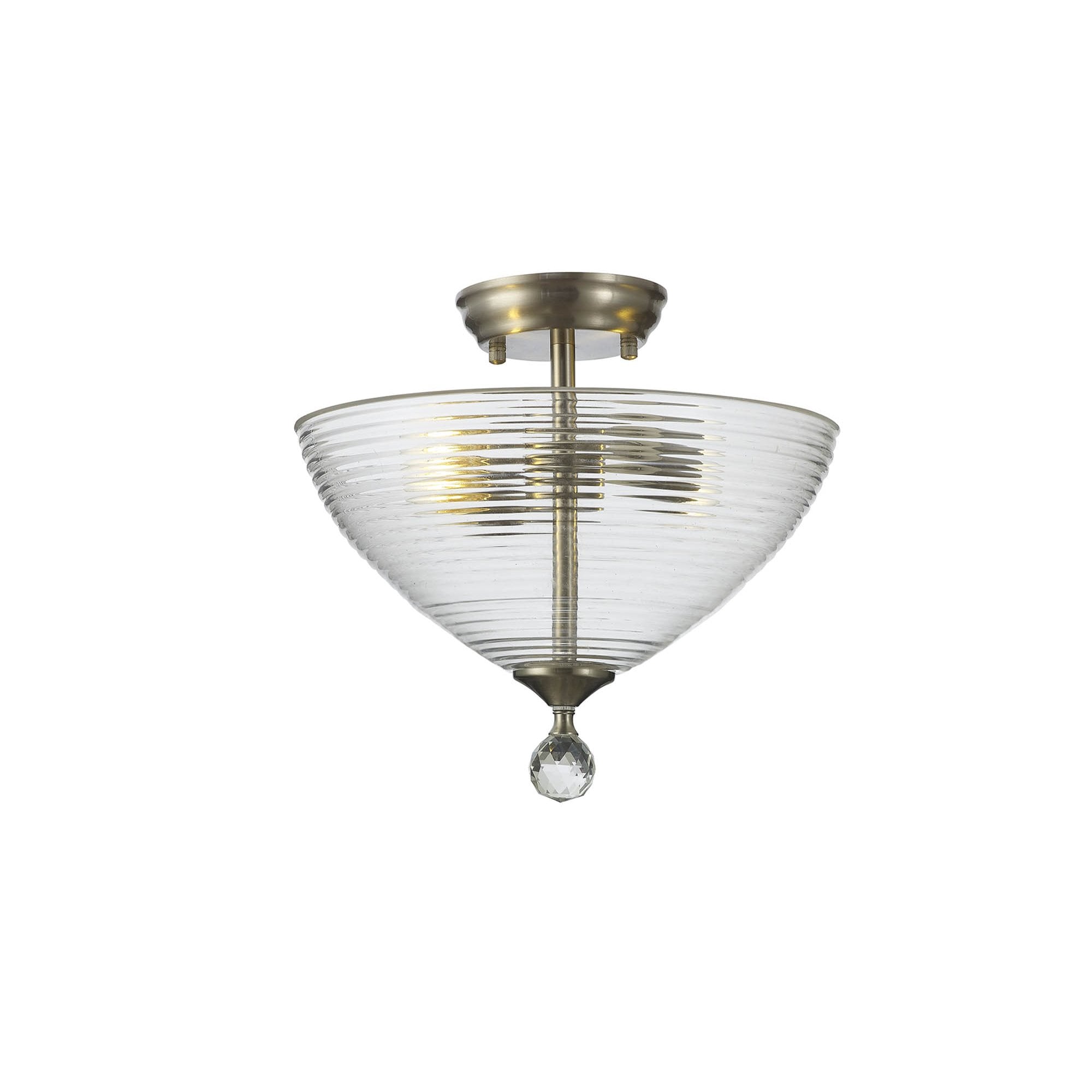 Fabula Mansfield 2 Light Semi-Flush Light - 33.5cm Round Prismatic Effect Glass Shade - Satin Nickel & Clear Glass
