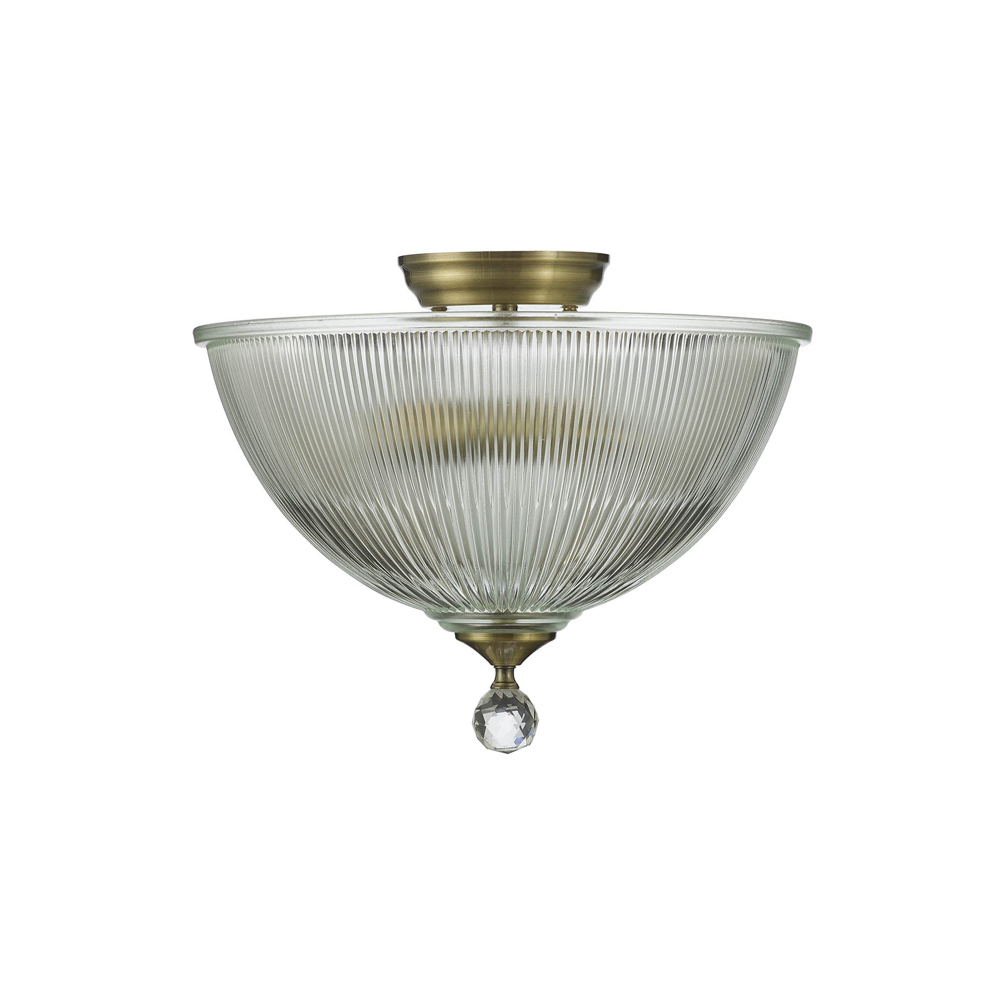 Fabula Mansfield 2 Light Semi-Flush Light - 38cm Dome Glass Shade - Antique Brass & Clear Glass