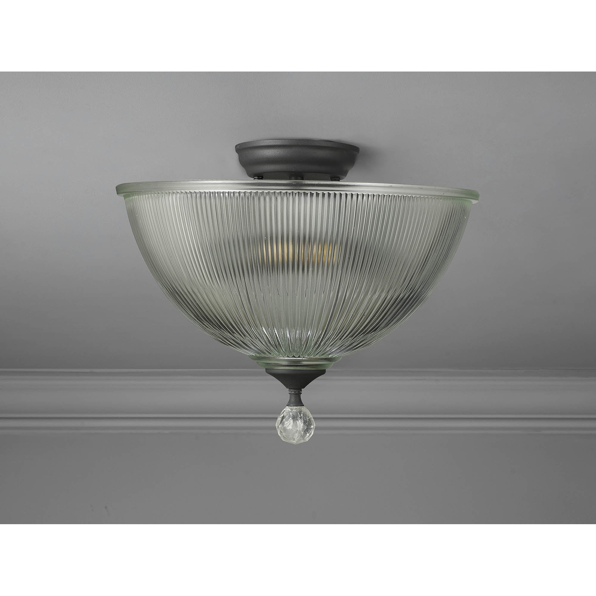 Fabula Mansfield 2 Light Semi-Flush Light - 38cm Dome Glass Shade - Graphite & Clear Glass