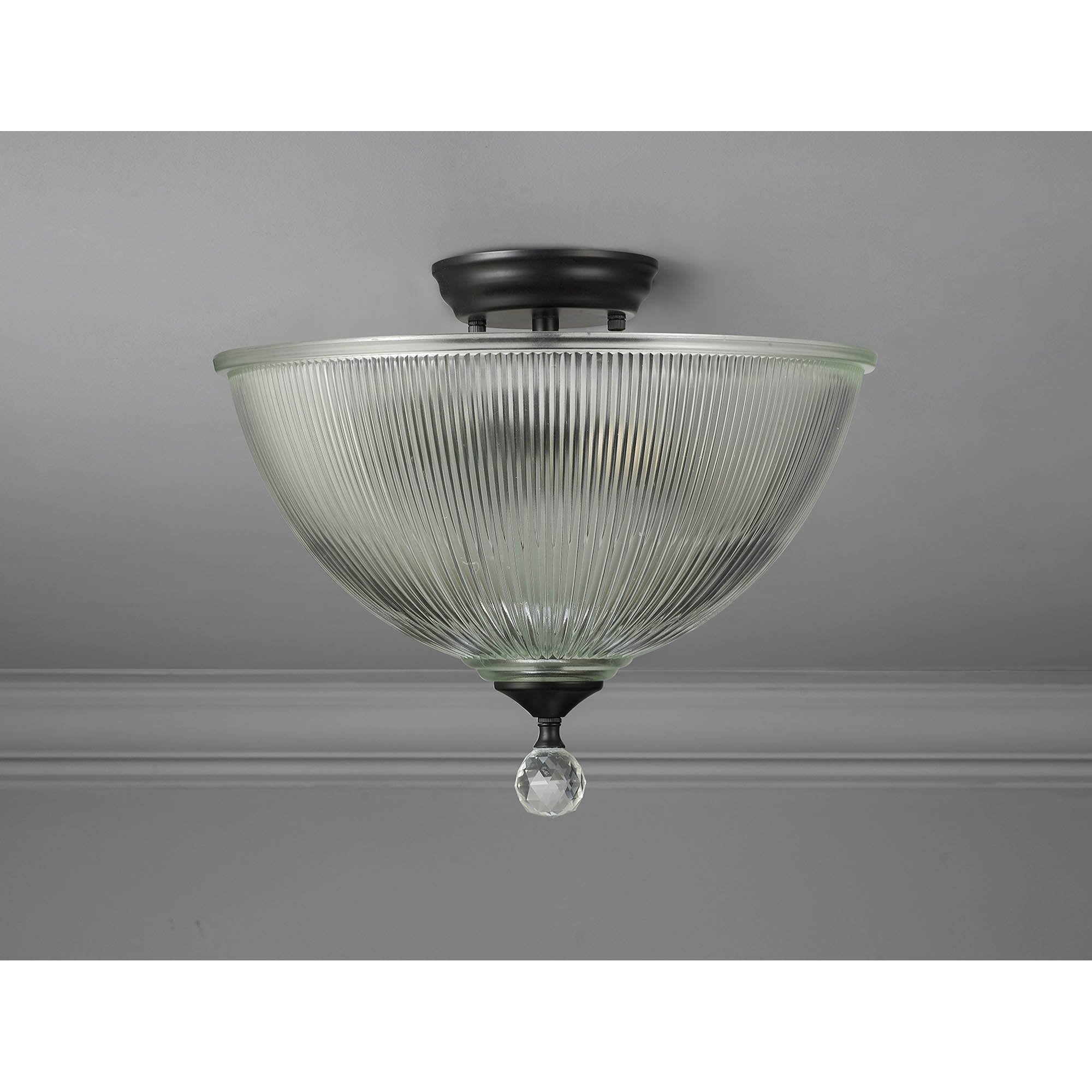 Fabula Mansfield 2 Light Semi-Flush Light - 38cm Dome Glass Shade - Matt Black & Clear Glass