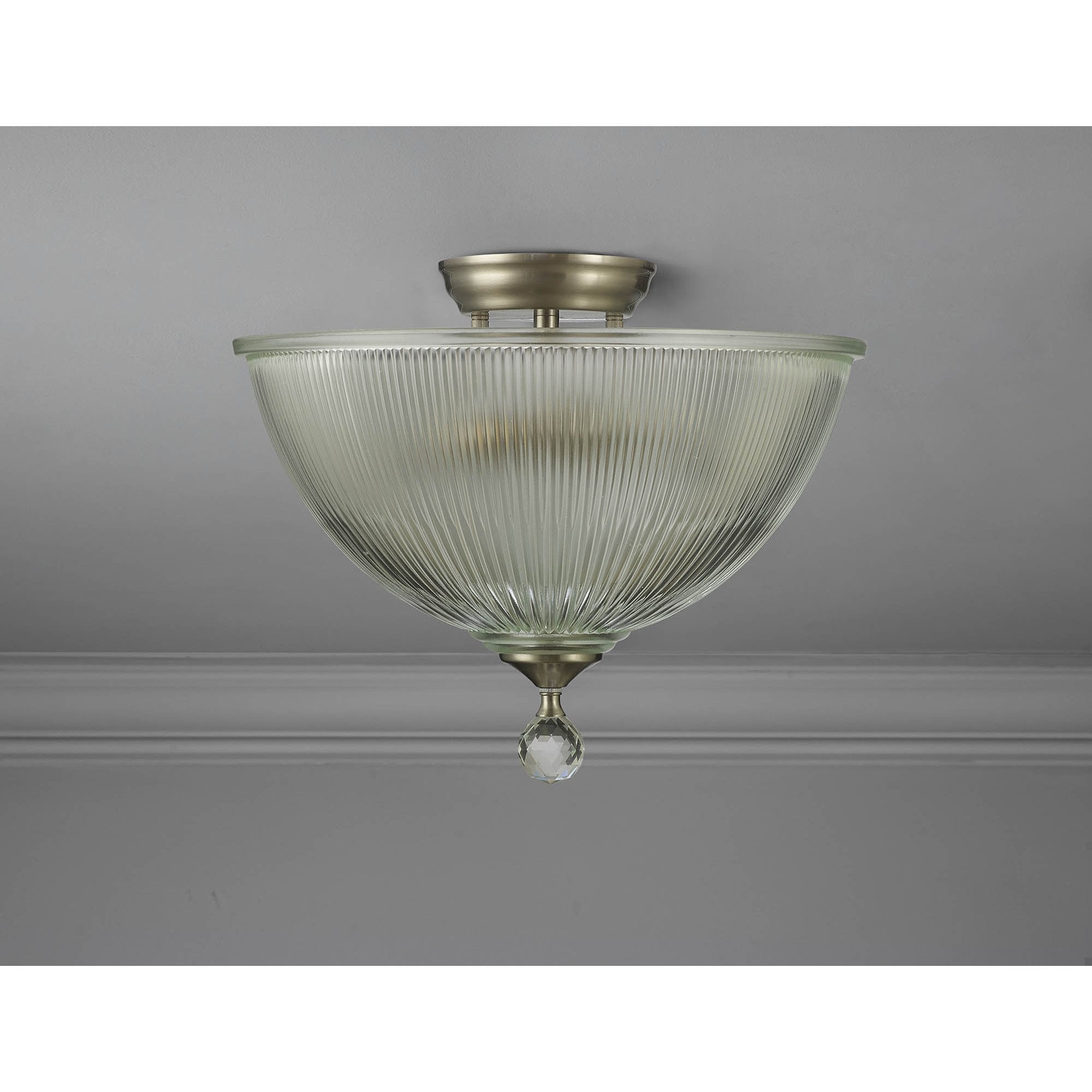 Fabula Mansfield 2 Light Semi-Flush Light - 38cm Dome Glass Shade - Satin Nickel & Clear Glass