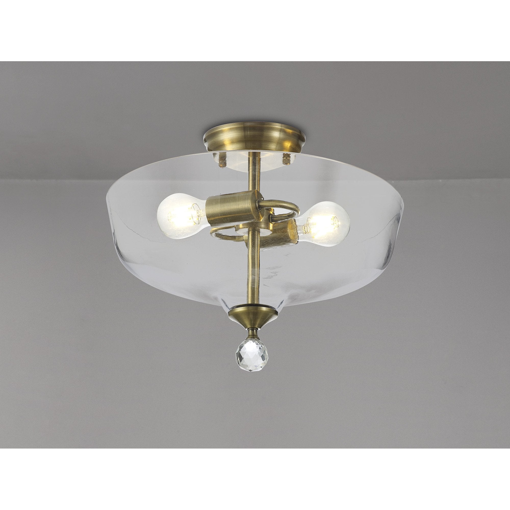 Fabula Mansfield 2 Light Semi-Flush Light - 38cm Flat Round Glass Shade - Antique Brass & Clear Glass