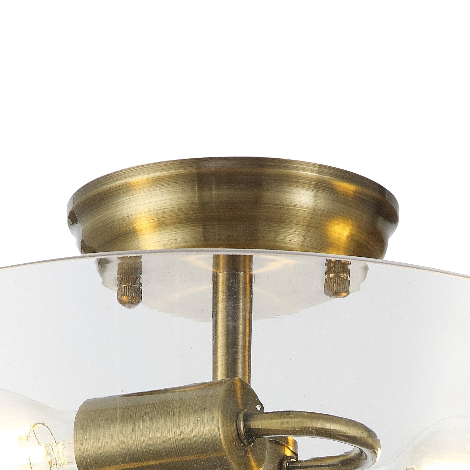 Fabula Mansfield 2 Light Semi-Flush Light - 38cm Flat Round Glass Shade - Antique Brass & Clear Glass