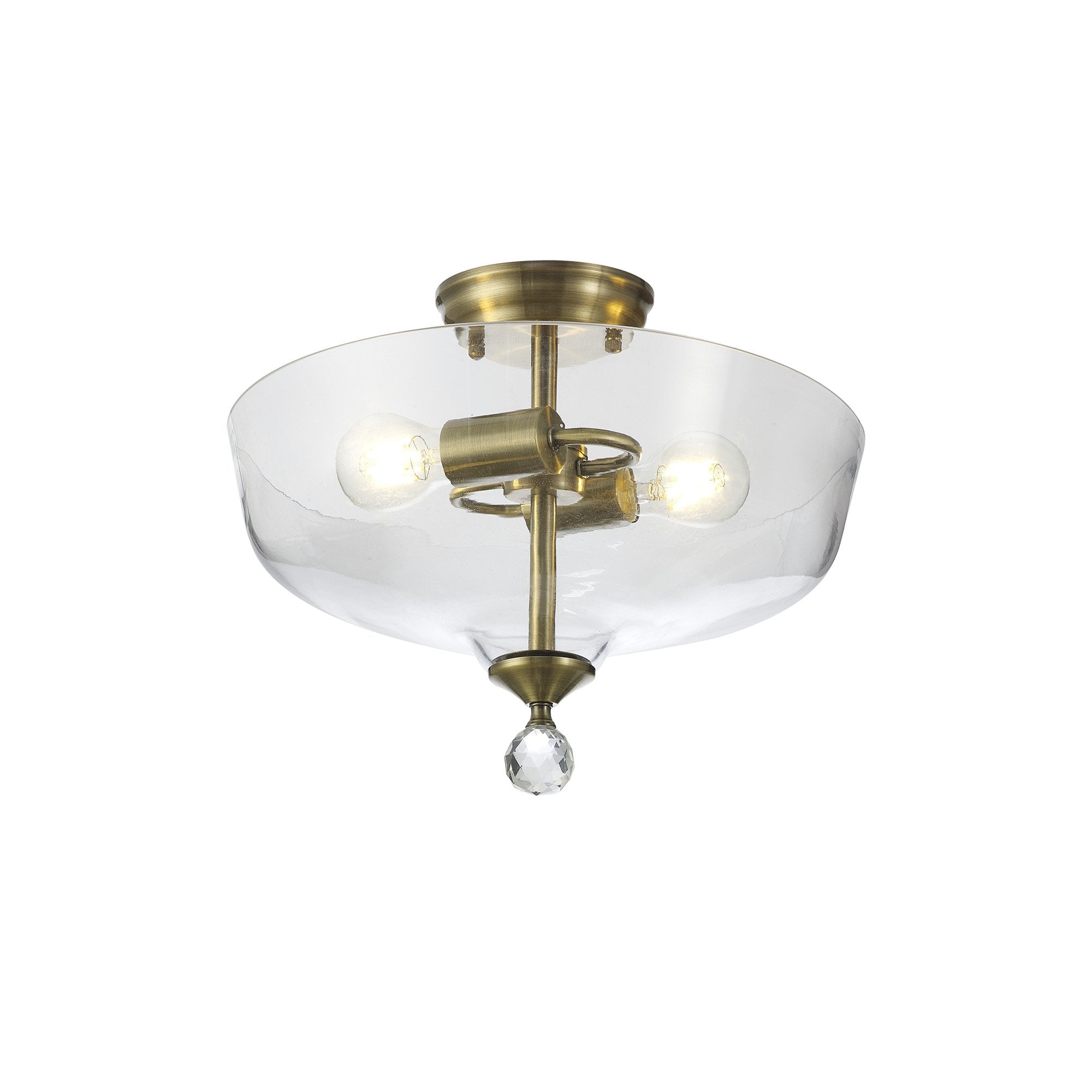 Fabula Mansfield 2 Light Semi-Flush Light - 38cm Flat Round Glass Shade - Antique Brass & Clear Glass