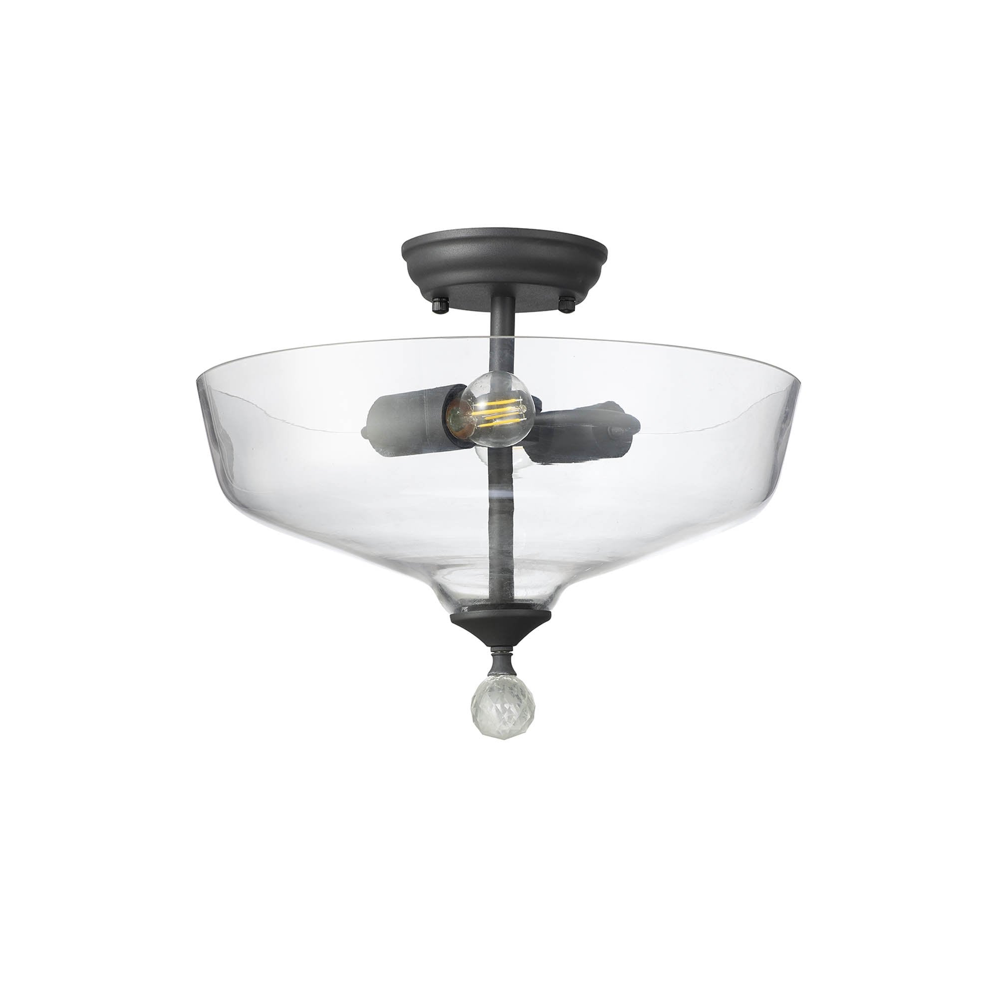 Fabula Mansfield 2 Light Semi-Flush Light - 38cm Flat Round Glass Shade - Graphite & Clear Glass