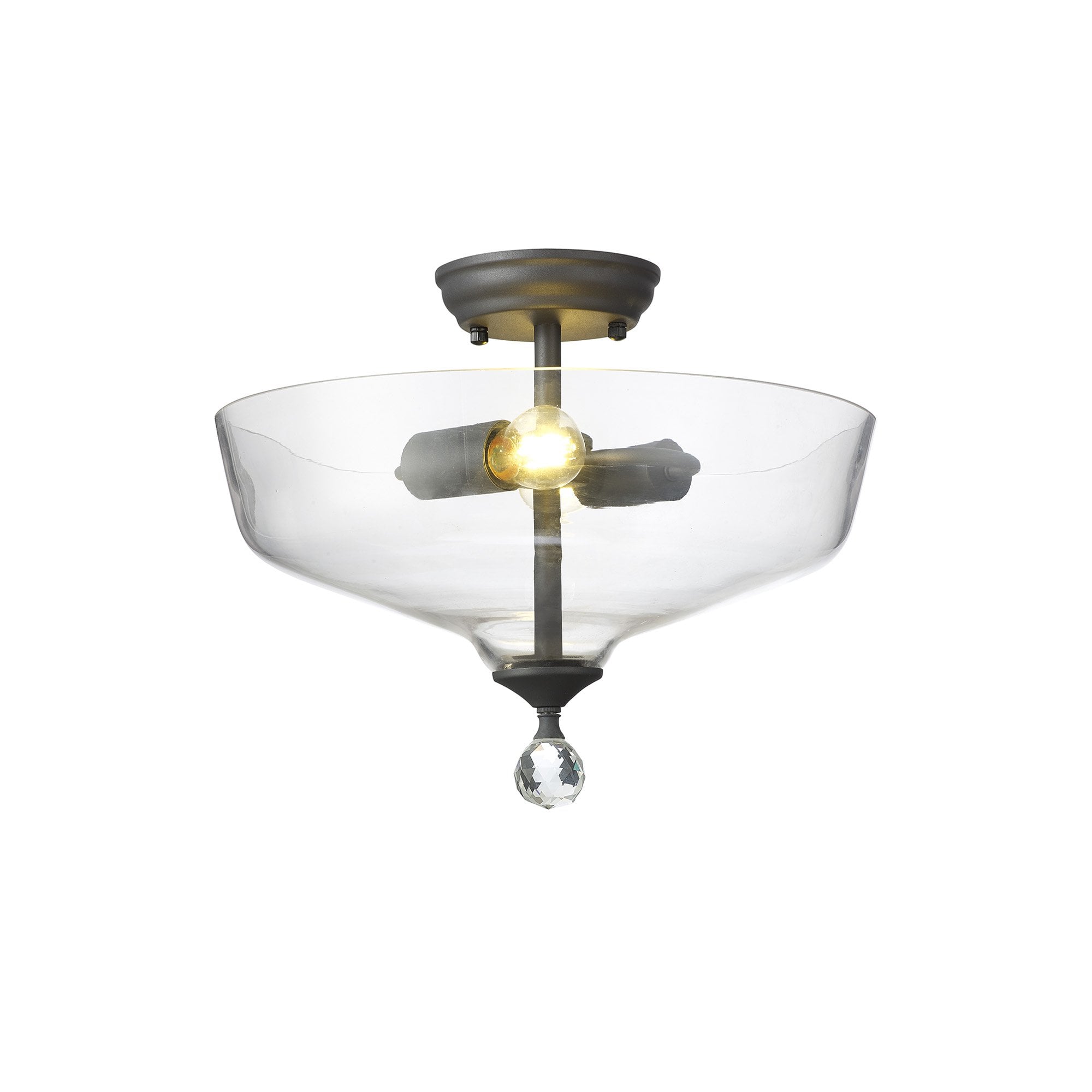 Fabula Mansfield 2 Light Semi-Flush Light - 38cm Flat Round Glass Shade - Graphite & Clear Glass