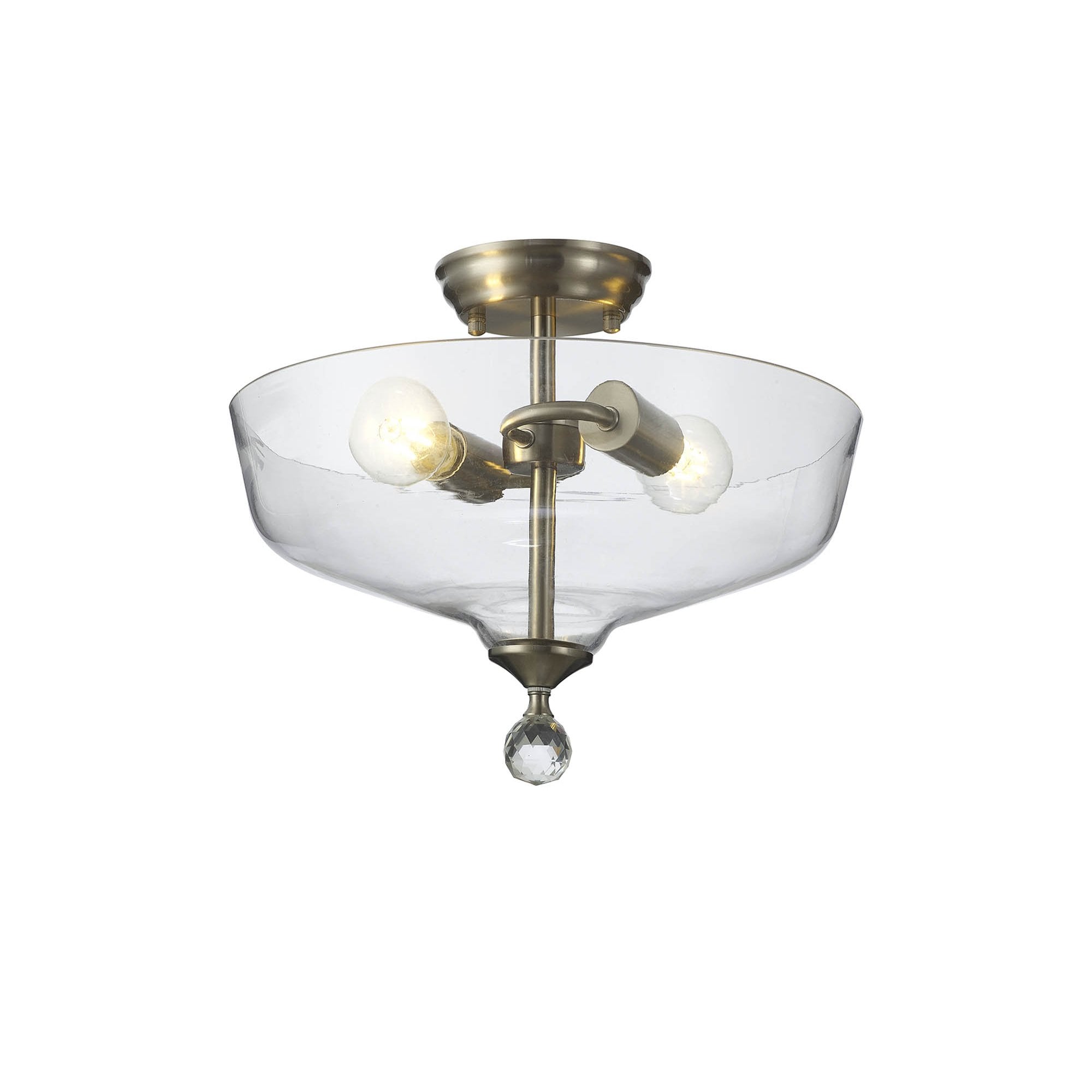 Fabula Mansfield 2 Light Semi-Flush Light - 38cm Flat Round Glass Shade - Satin Nickel & Clear Glass