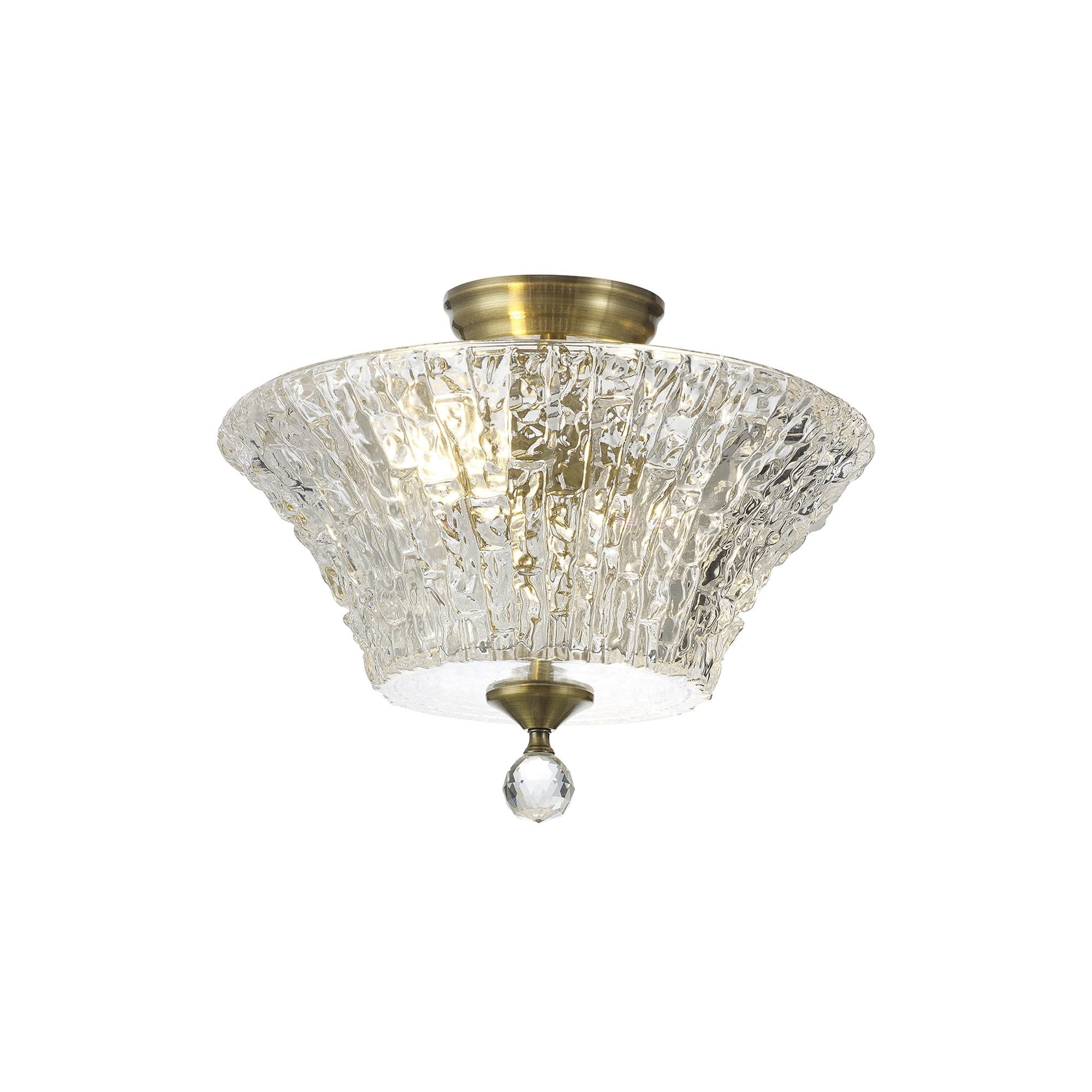 Fabula Mansfield 2 Light Semi-Flush Light - 38cm Round Patterned Glass Shade - Antique Brass & Clear Glass