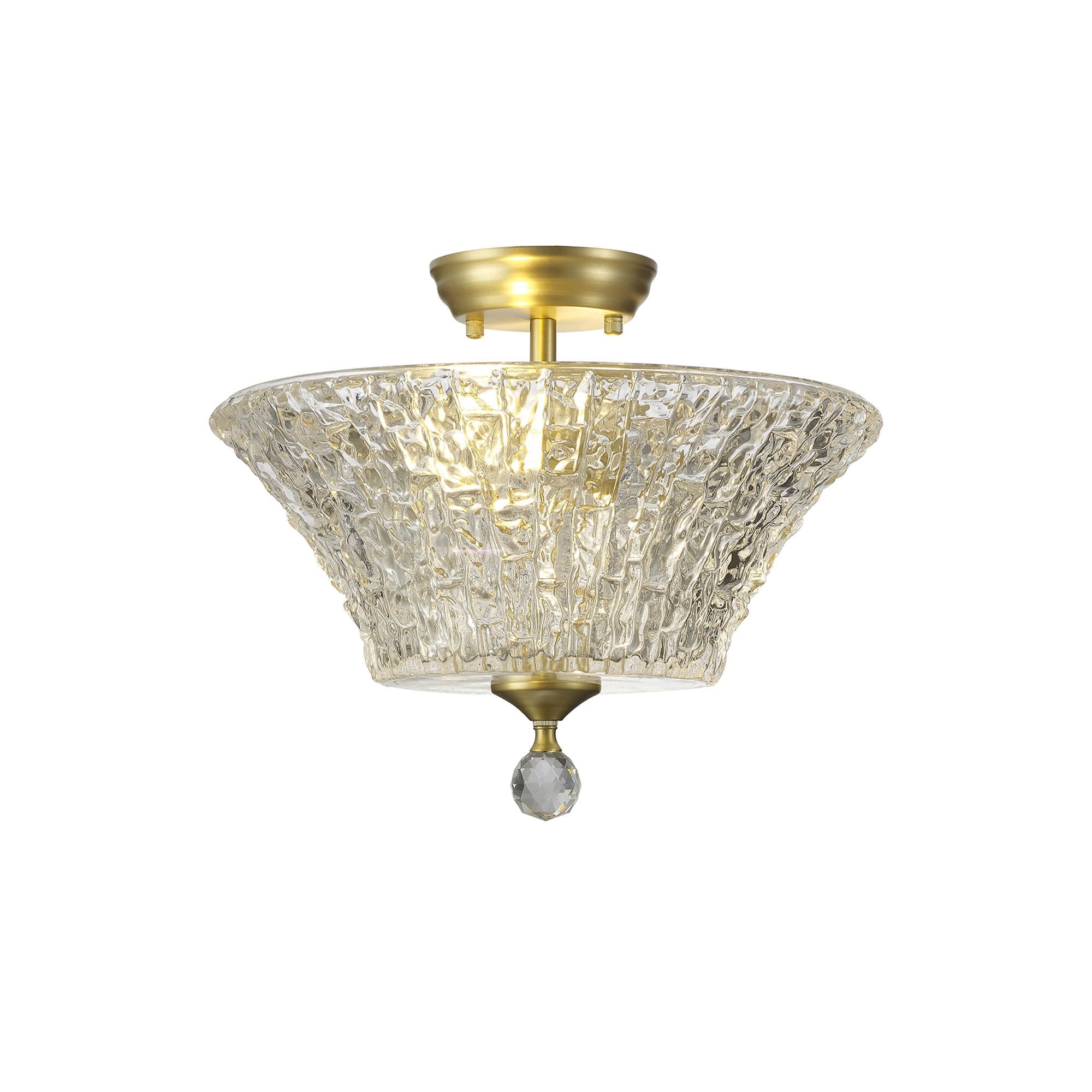 Fabula Mansfield 2 Light Semi-Flush Light - 38cm Round Patterned Glass Shade - Satin Gold & Clear Glass