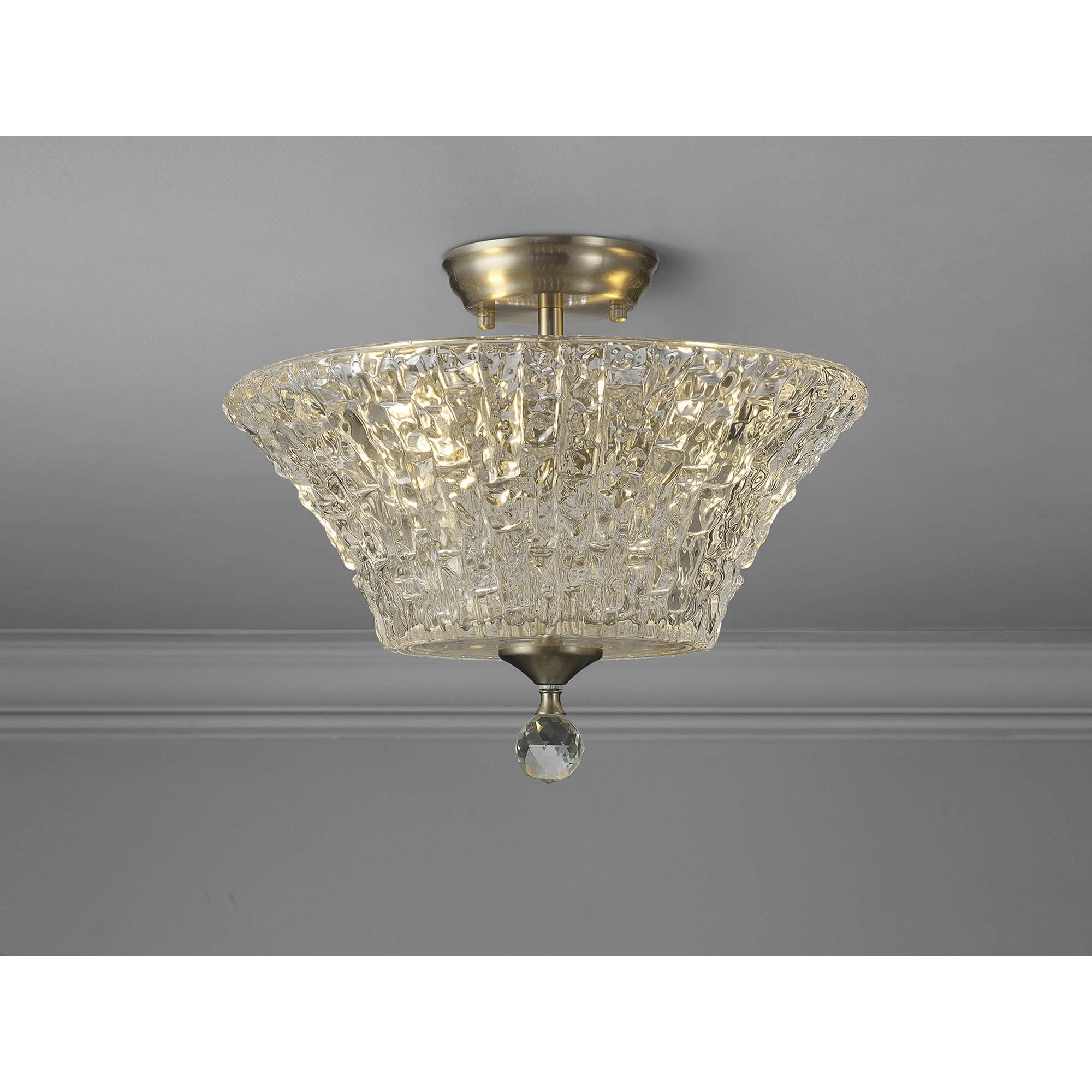Fabula Mansfield 2 Light Semi-Flush Light - 38cm Round Patterned Glass Shade - Satin Nickel & Clear Glass