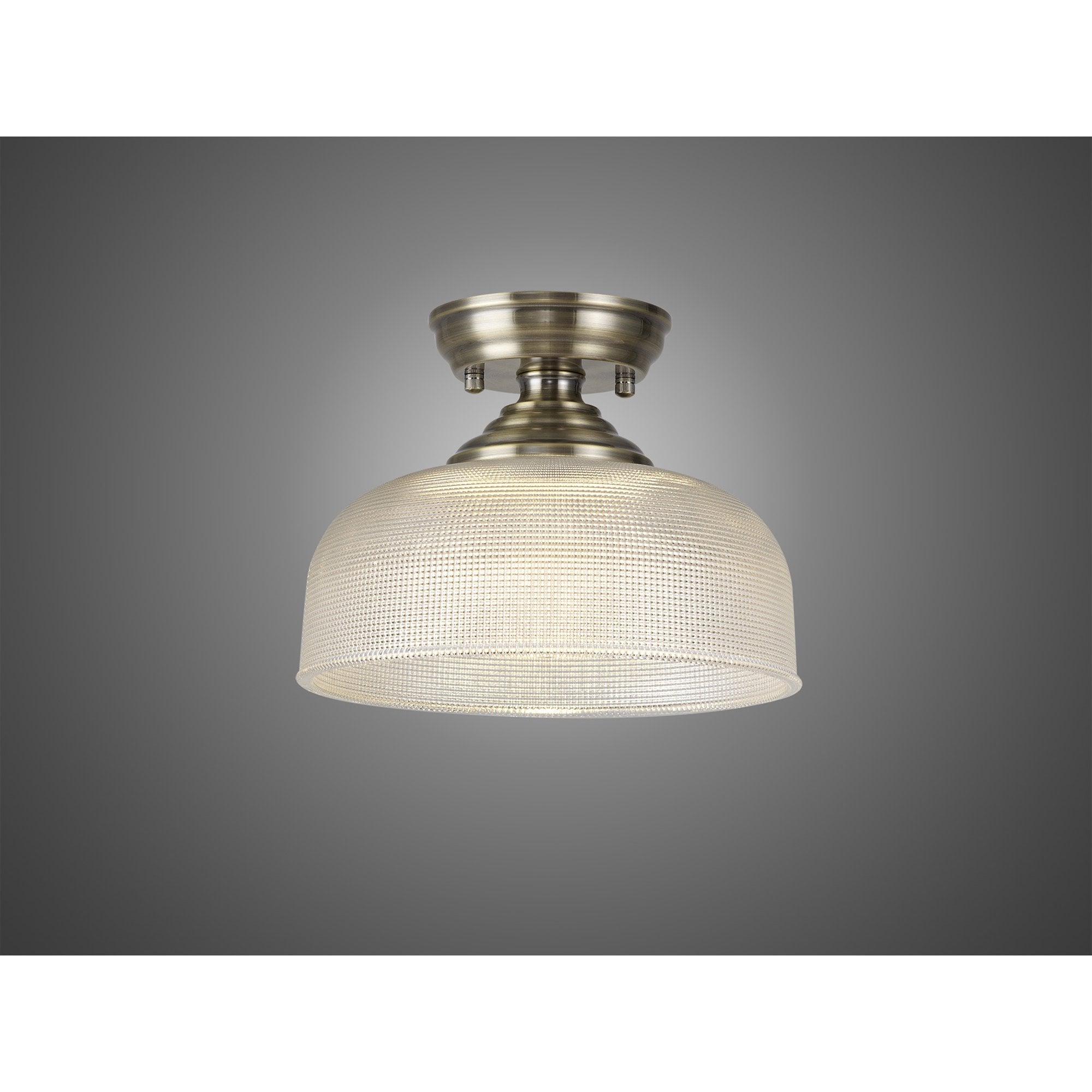 Fabula Mansfield Single Flush Light - 26.5cm Round Prismatic Effect Glass Shade - Antique Brass & Clear Glass