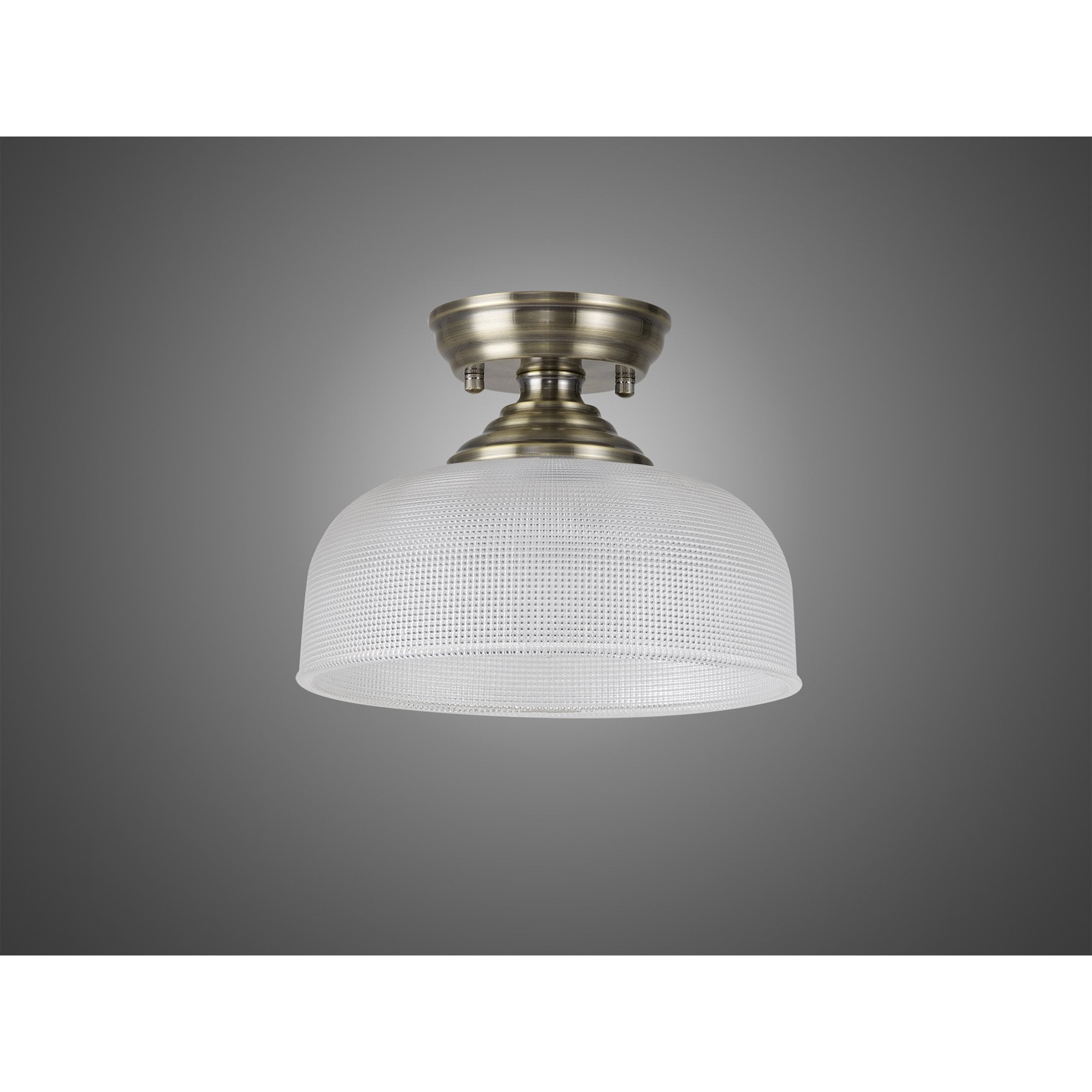 Fabula Mansfield Single Flush Light - 26.5cm Round Prismatic Effect Glass Shade - Antique Brass & Clear Glass