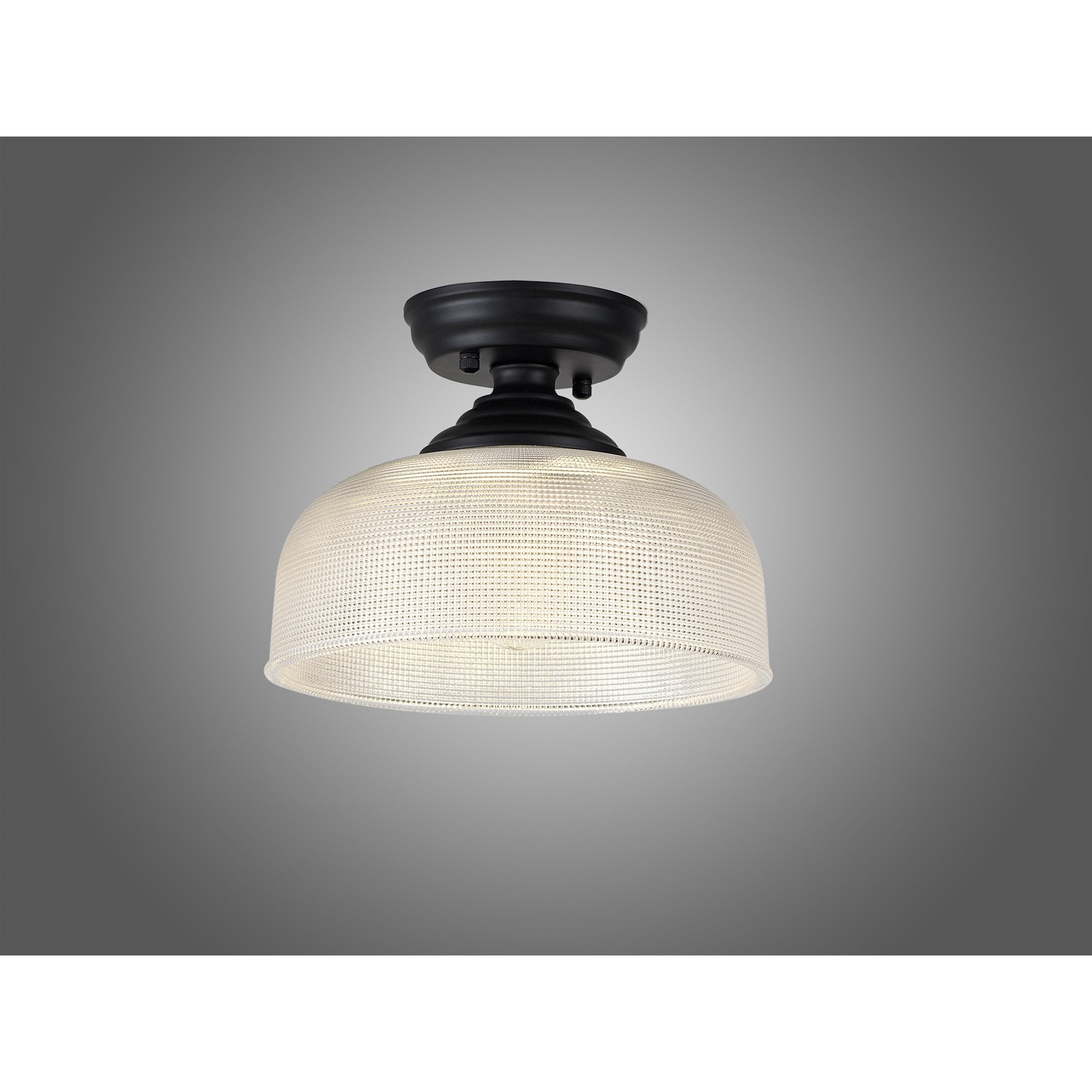 Fabula Mansfield Single Flush Light - 26.5cm Round Prismatic Effect Glass Shade - Matt Black & Clear Glass