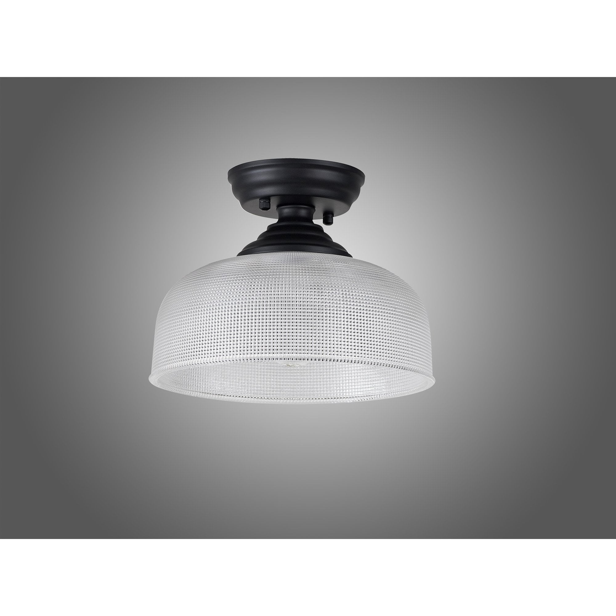 Fabula Mansfield Single Flush Light - 26.5cm Round Prismatic Effect Glass Shade - Matt Black & Clear Glass