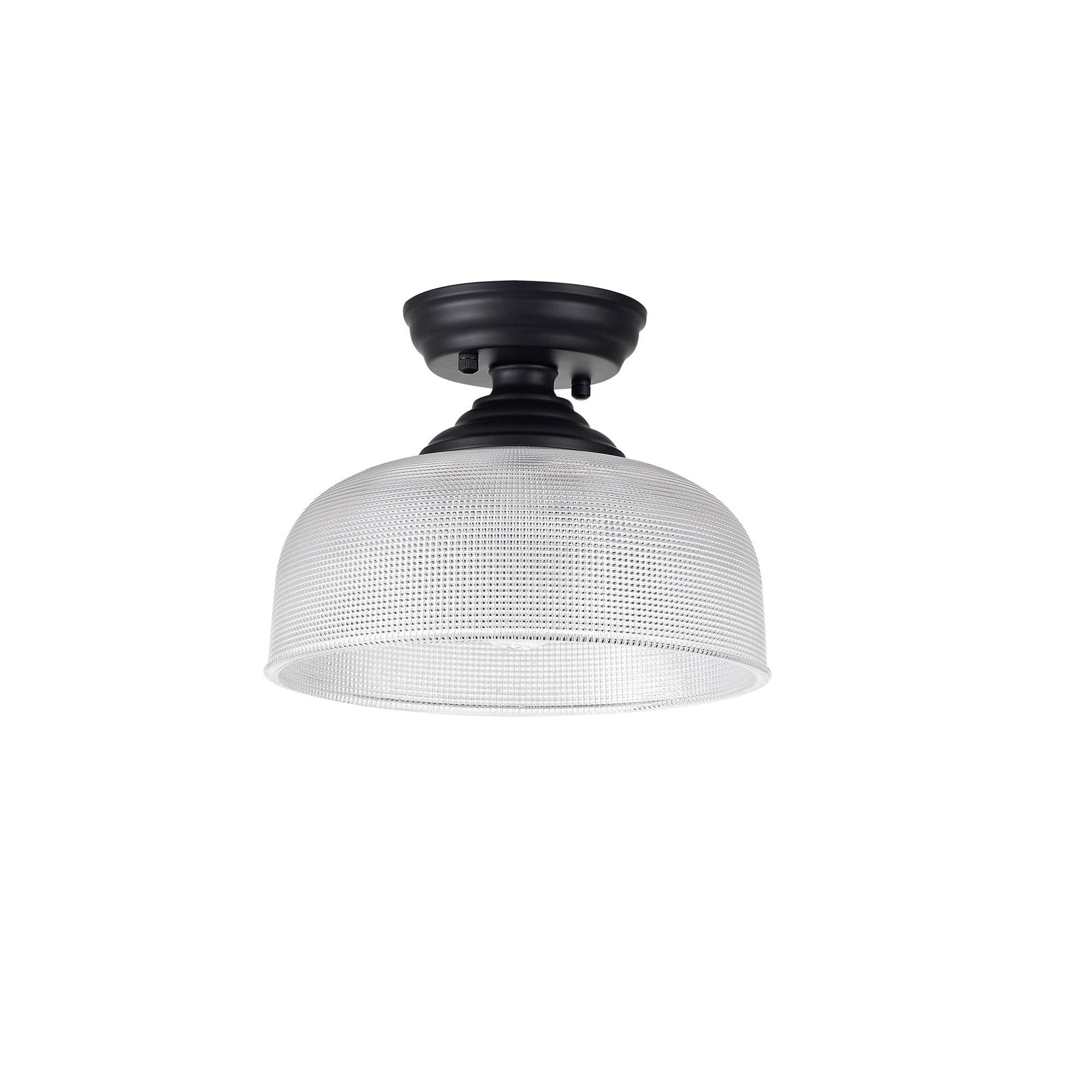Fabula Mansfield Single Flush Light - 26.5cm Round Prismatic Effect Glass Shade - Matt Black & Clear Glass