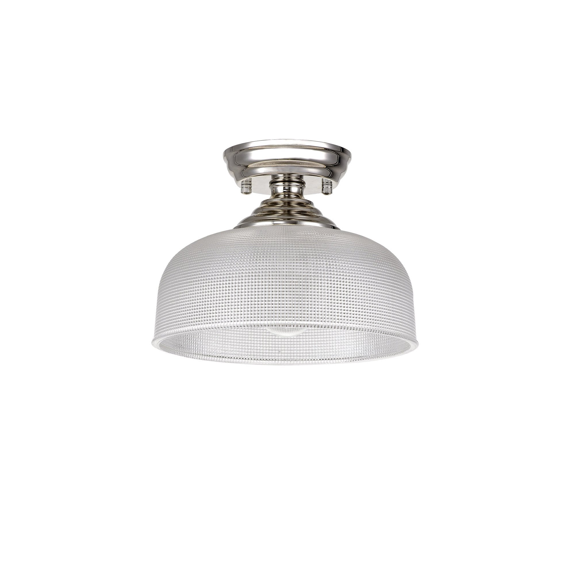 Fabula Mansfield Single Flush Light - 26.5cm Round Prismatic Effect Glass Shade - Polished Nickel & Clear Glass