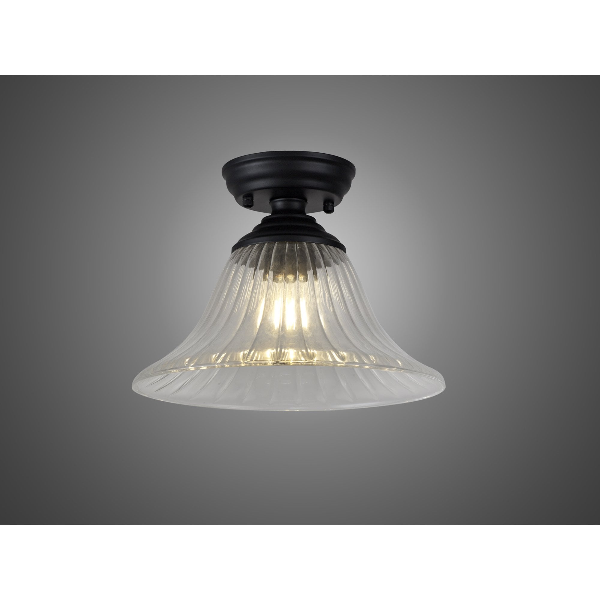 Fabula Mansfield Single Flush Light - 30cm Bell Glass Shade - Matt Black & Clear Glass