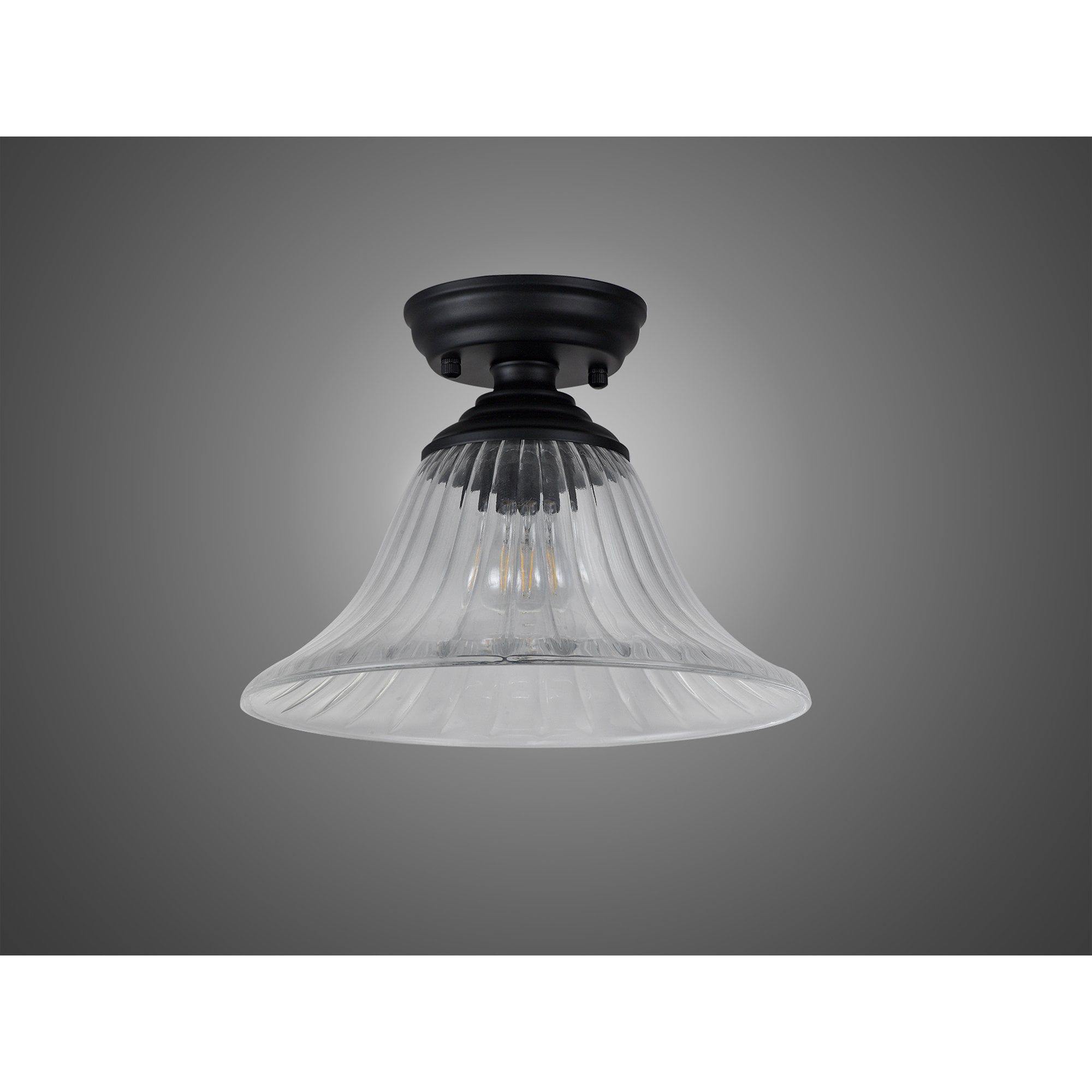 Fabula Mansfield Single Flush Light - 30cm Bell Glass Shade - Matt Black & Clear Glass