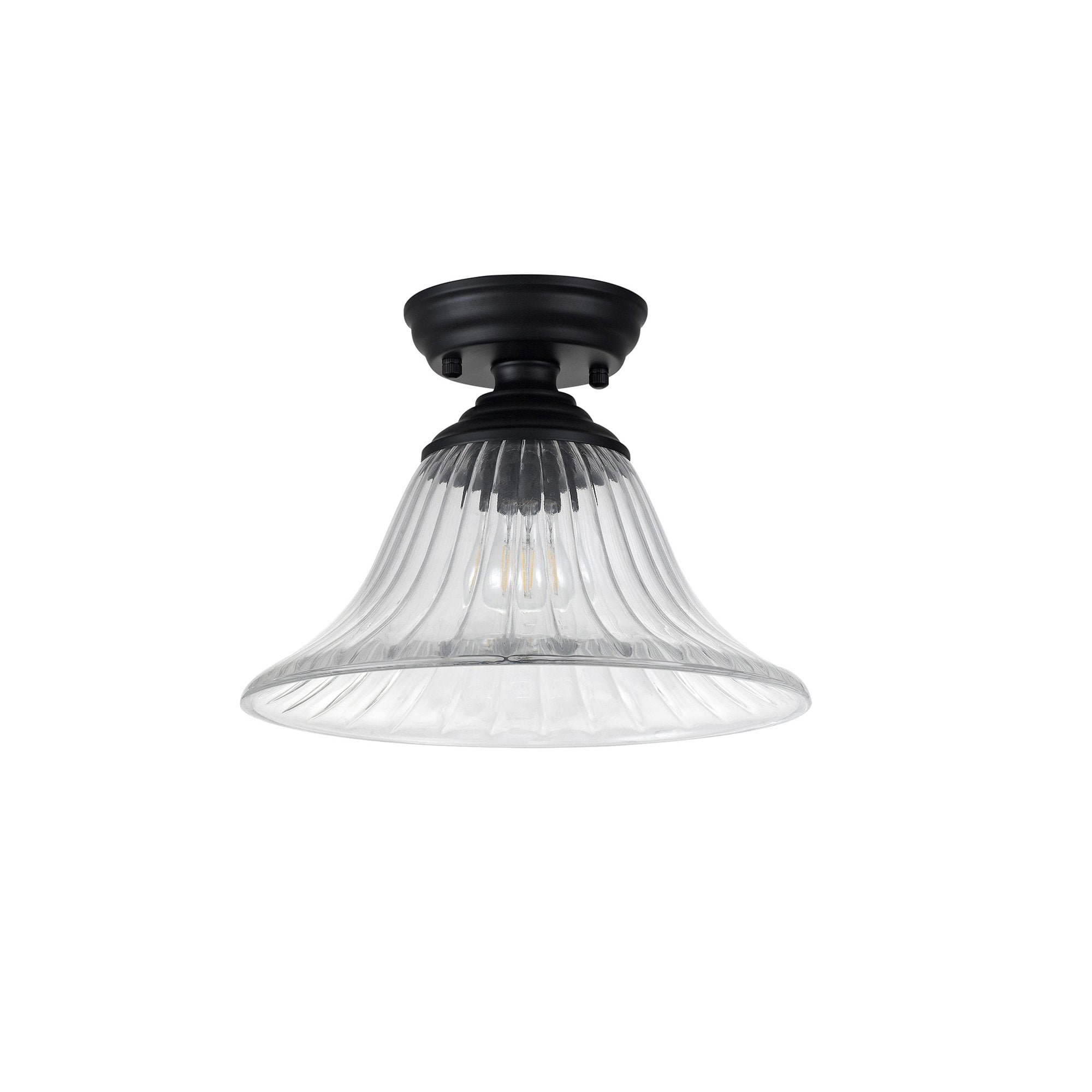 Fabula Mansfield Single Flush Light - 30cm Bell Glass Shade - Matt Black & Clear Glass