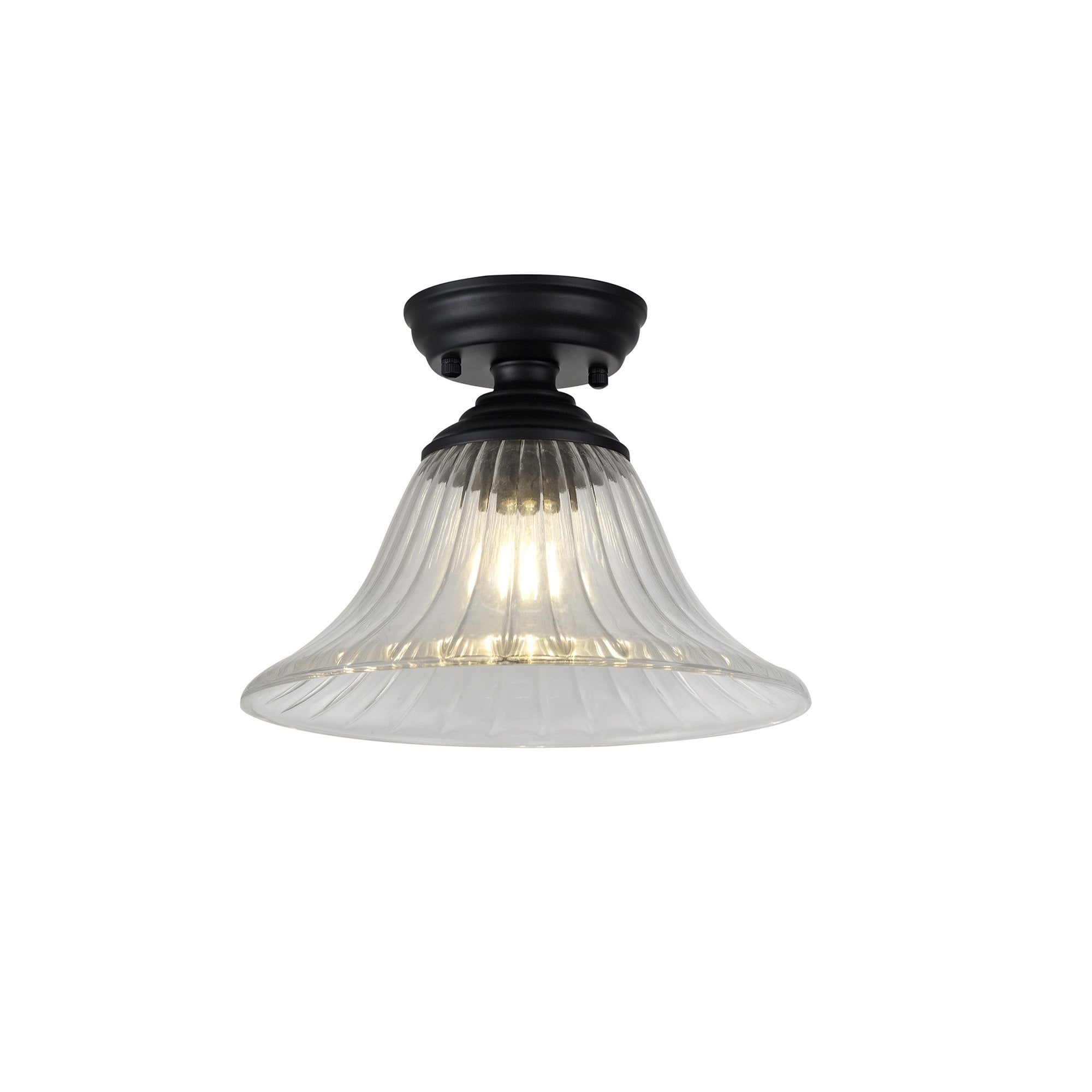 Fabula Mansfield Single Flush Light - 30cm Bell Glass Shade - Matt Black & Clear Glass