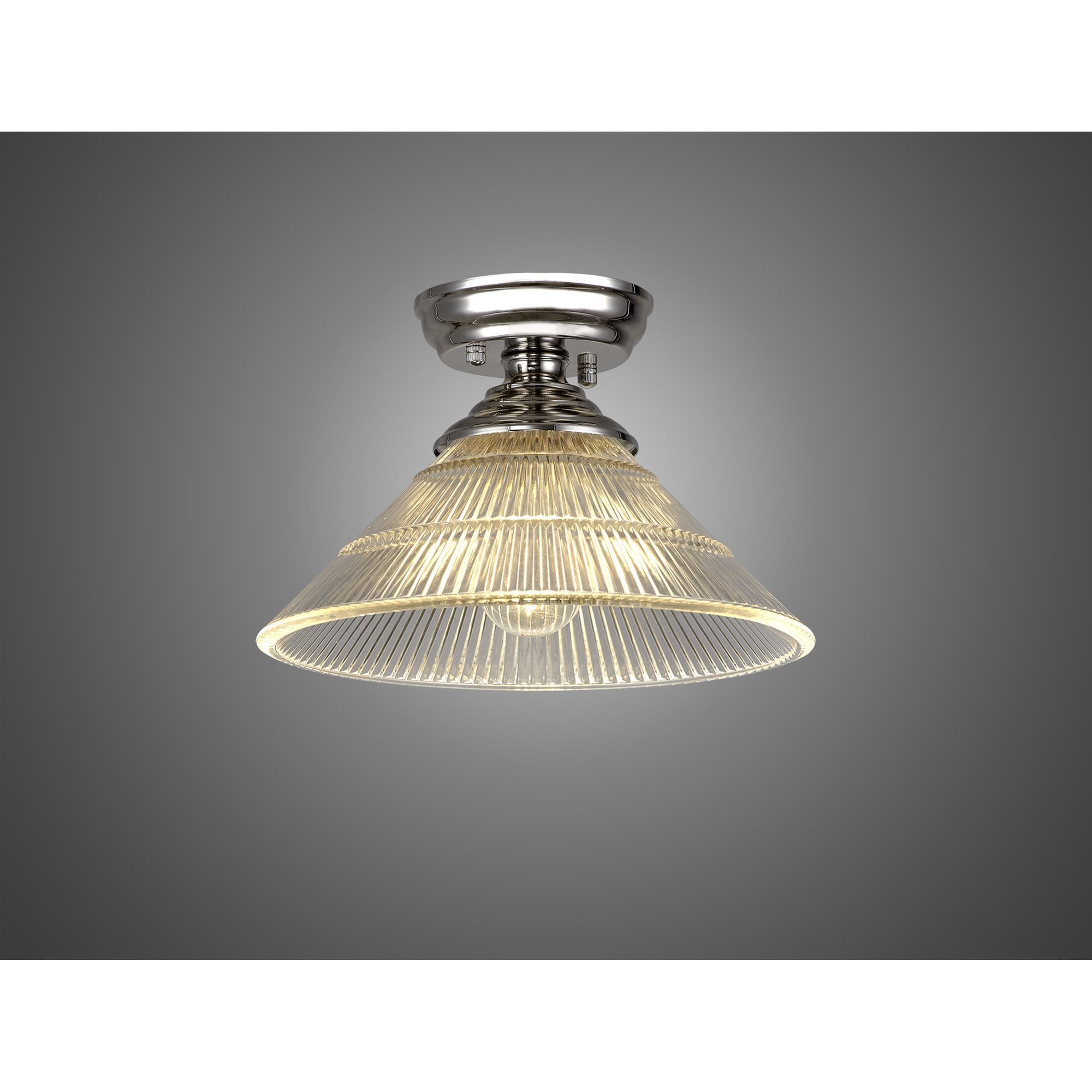 Fabula Mansfield Single Flush Light - 30cm Cone Glass Shade - Polished Nickel & Clear Glass