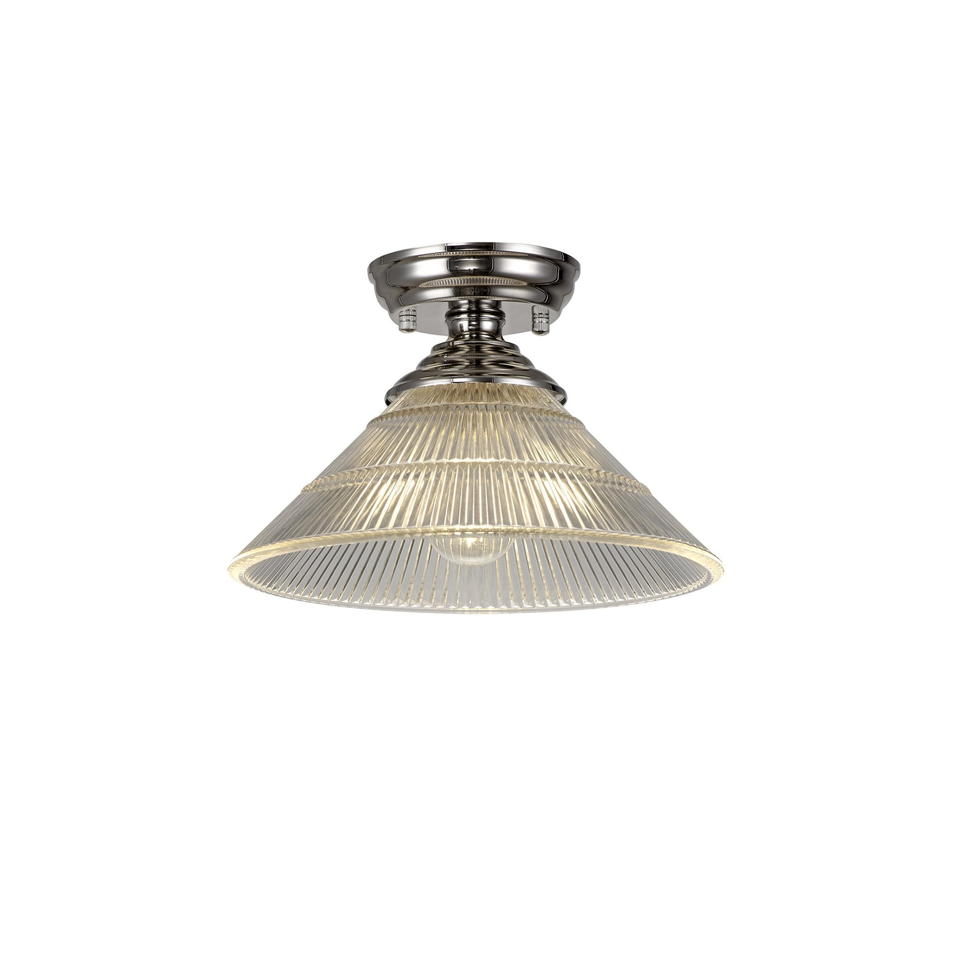 Fabula Mansfield Single Flush Light - 30cm Cone Glass Shade - Polished Nickel & Clear Glass