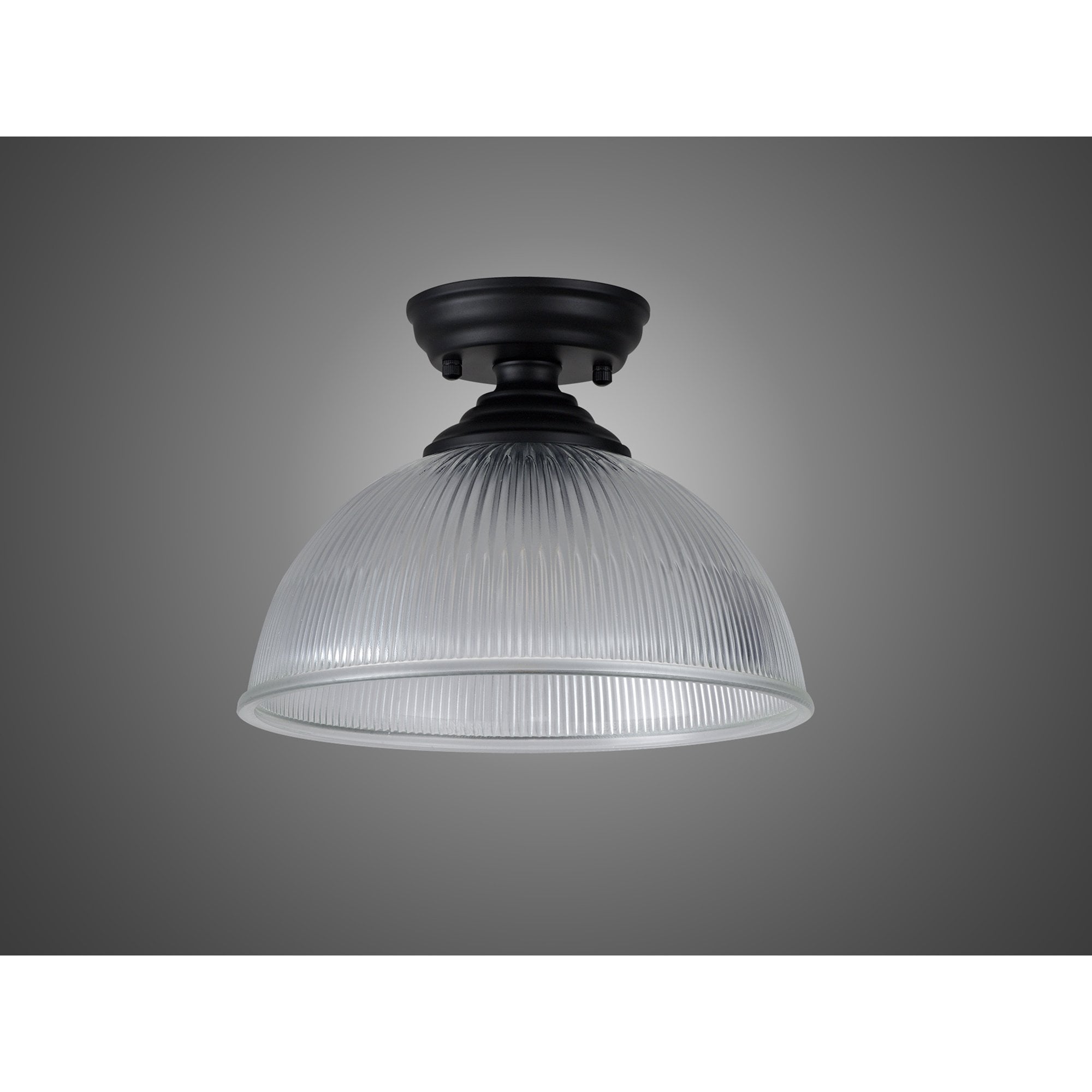Fabula Mansfield Single Flush Light - 30cm Dome Glass Shade - Matt Black & Clear Glass
