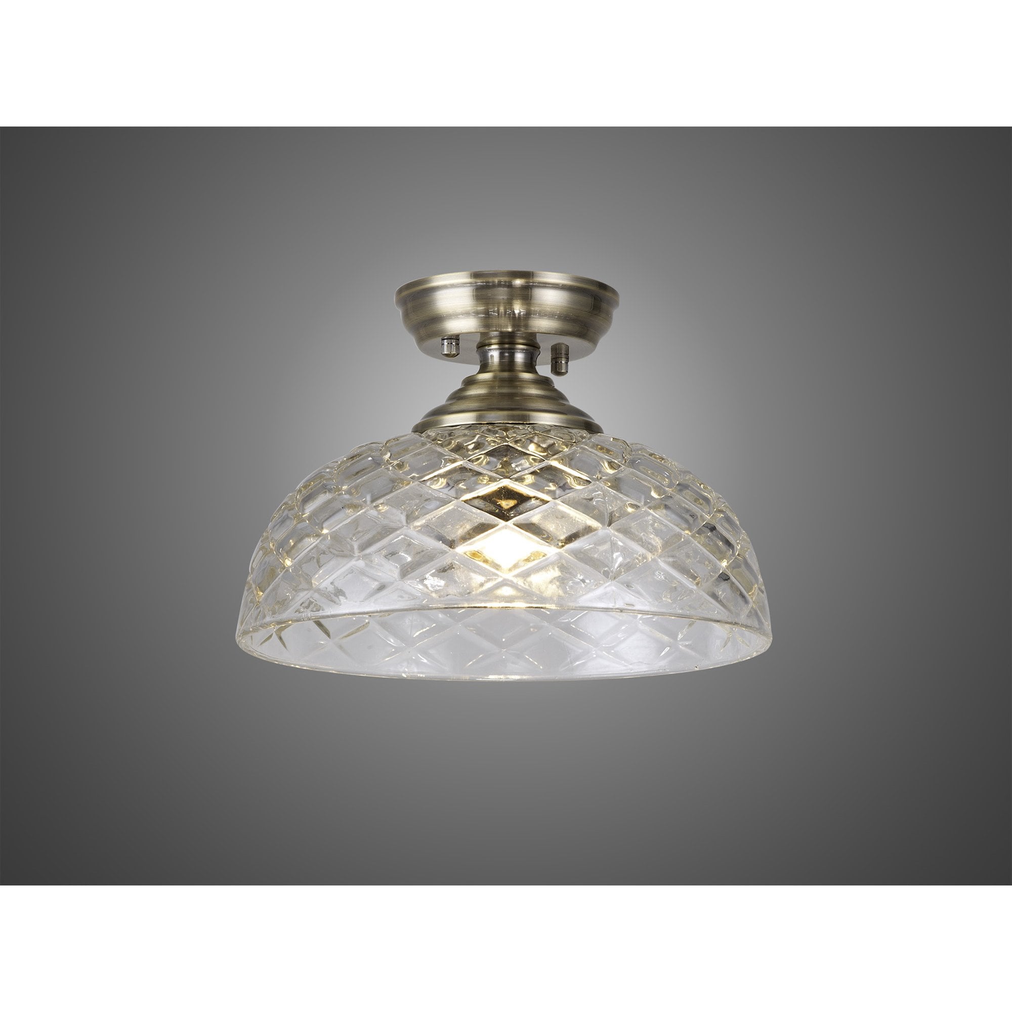 Fabula Mansfield Single Flush Light - 30cm Flat Round Patterned Glass Shade - Antique Brass & Clear Glass