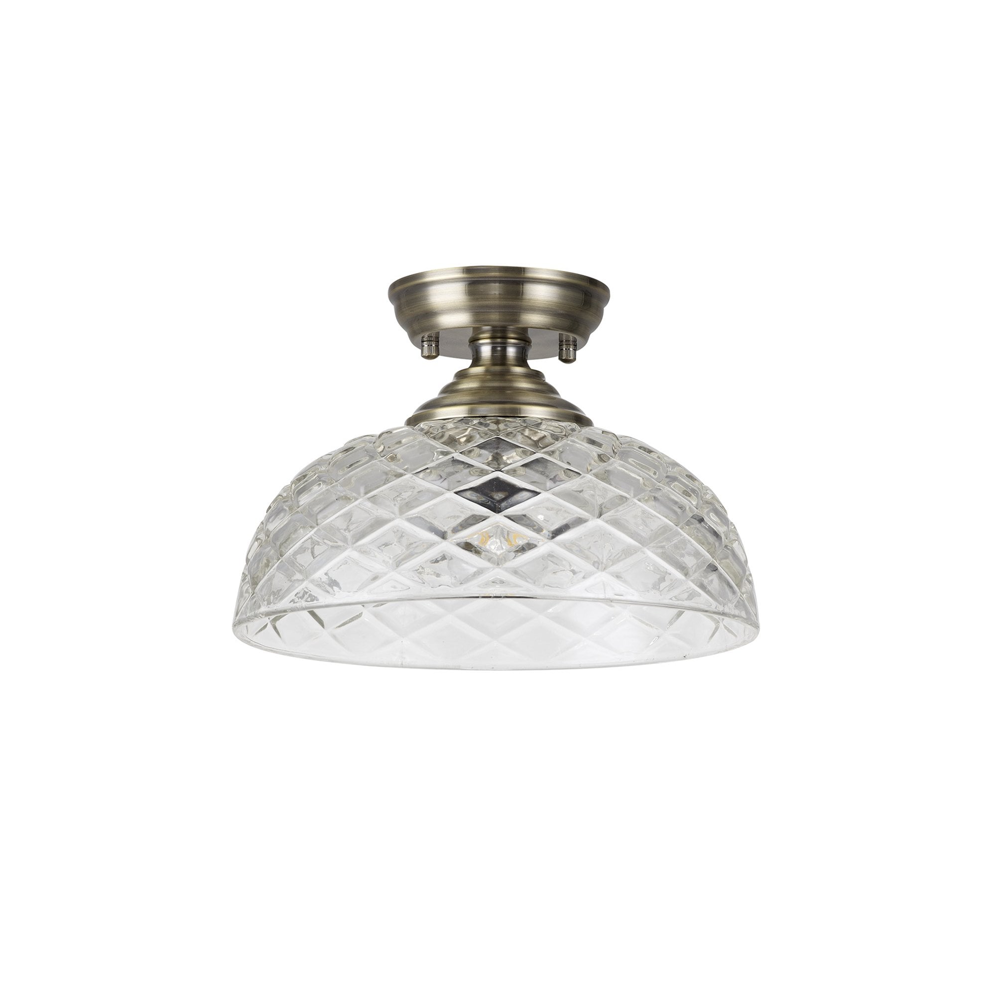 Fabula Mansfield Single Flush Light - 30cm Flat Round Patterned Glass Shade - Antique Brass & Clear Glass