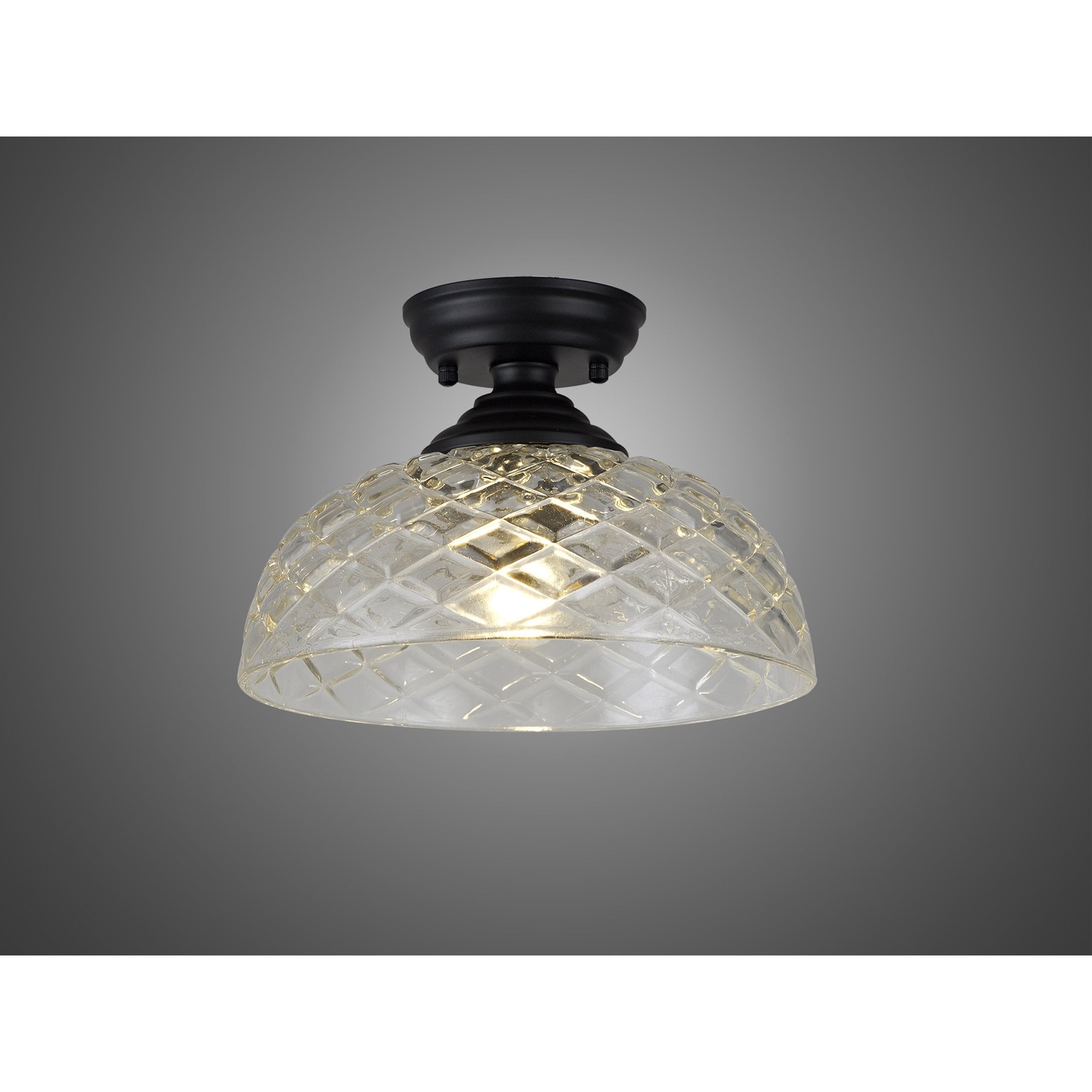 Fabula Mansfield Single Flush Light - 30cm Flat Round Patterned Glass Shade - Matt Black & Clear Glass