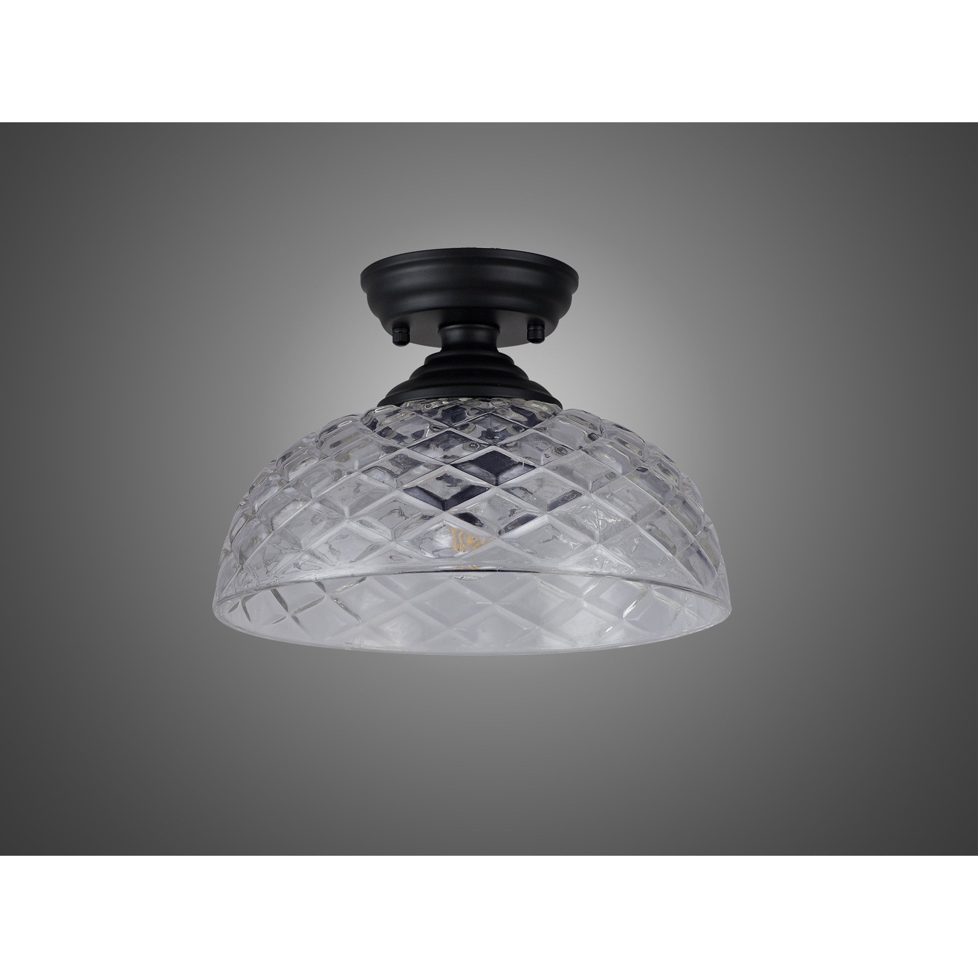 Fabula Mansfield Single Flush Light - 30cm Flat Round Patterned Glass Shade - Matt Black & Clear Glass