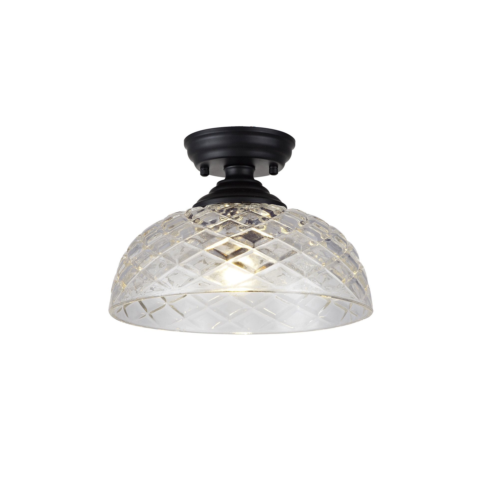 Fabula Mansfield Single Flush Light - 30cm Flat Round Patterned Glass Shade - Matt Black & Clear Glass