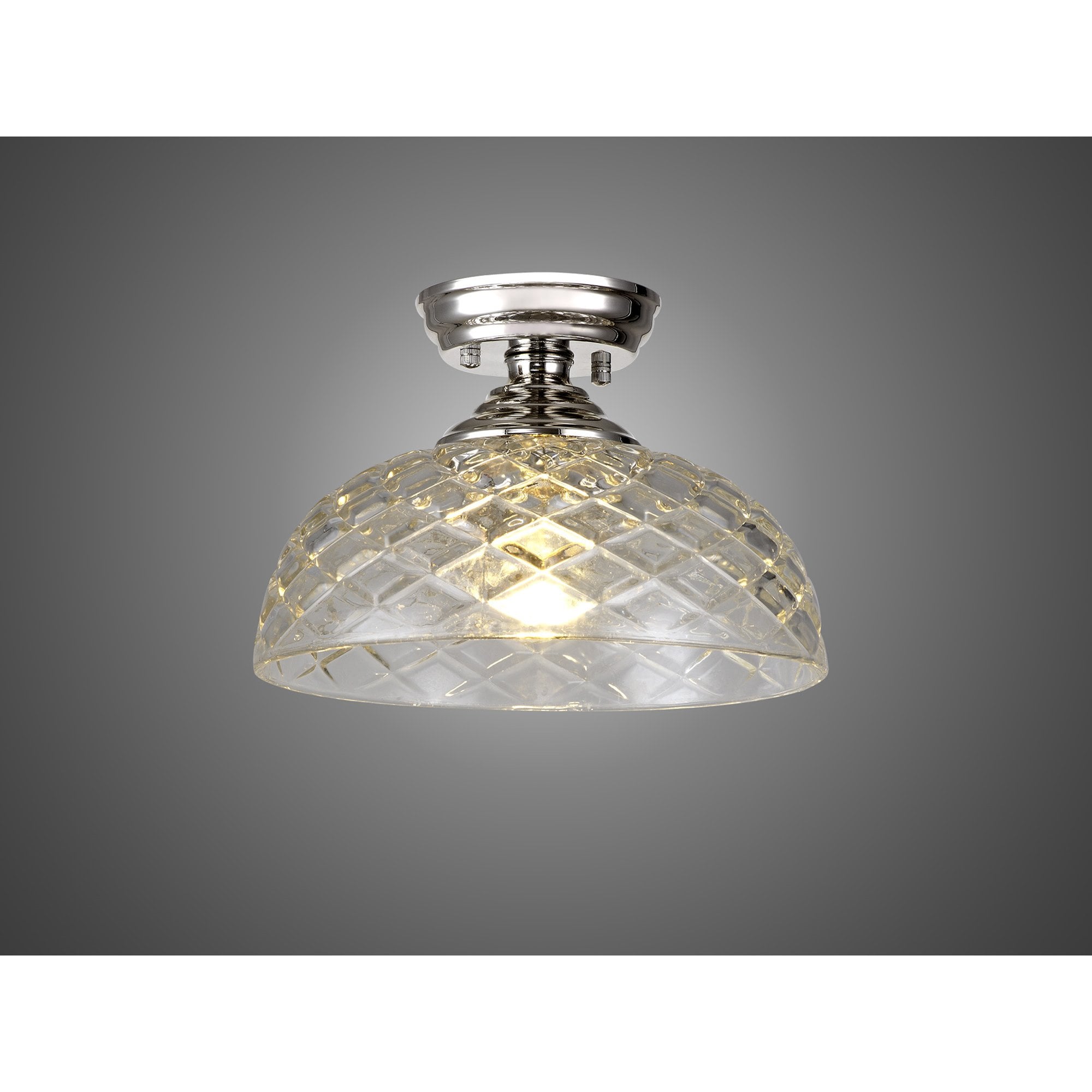 Fabula Mansfield Single Flush Light - 30cm Flat Round Patterned Glass Shade - Polished Nickel & Clear Glass