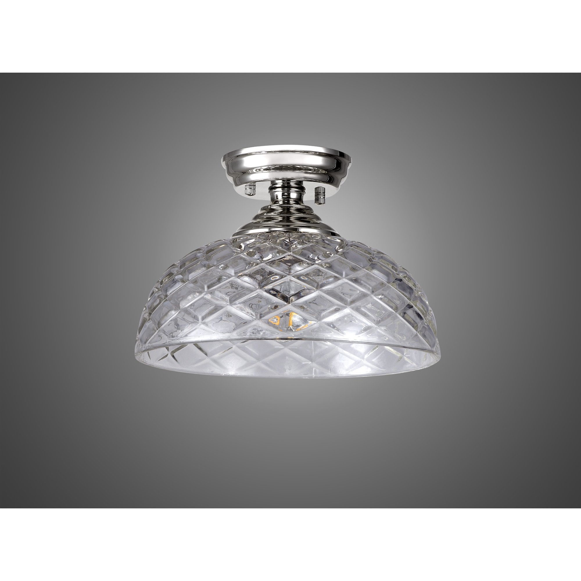 Fabula Mansfield Single Flush Light - 30cm Flat Round Patterned Glass Shade - Polished Nickel & Clear Glass