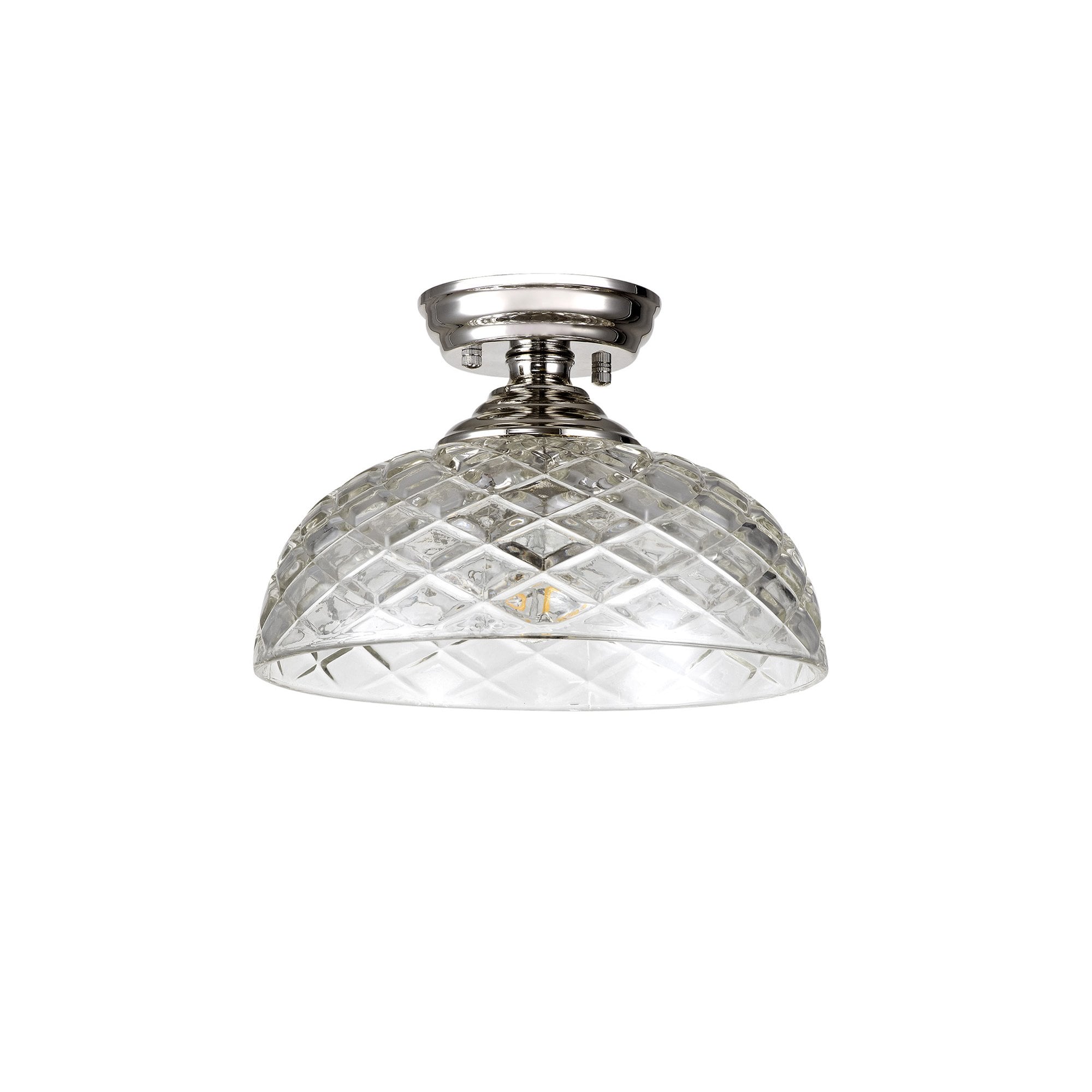 Fabula Mansfield Single Flush Light - 30cm Flat Round Patterned Glass Shade - Polished Nickel & Clear Glass
