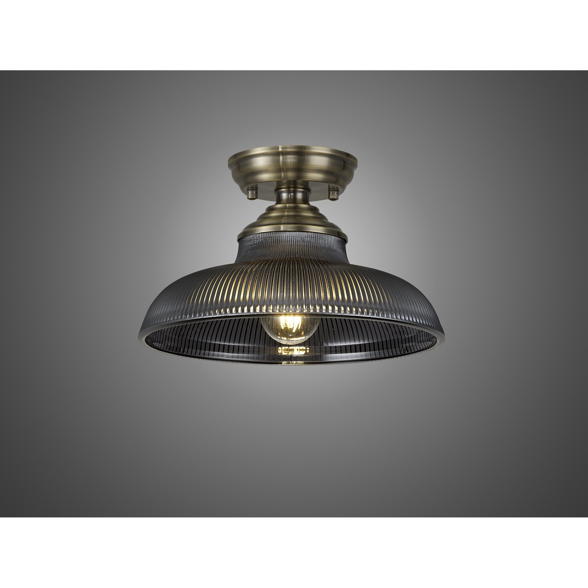Fabula Mansfield Single Flush Light - 30cm Round Glass Shade - Antique Brass & Smoked Glass