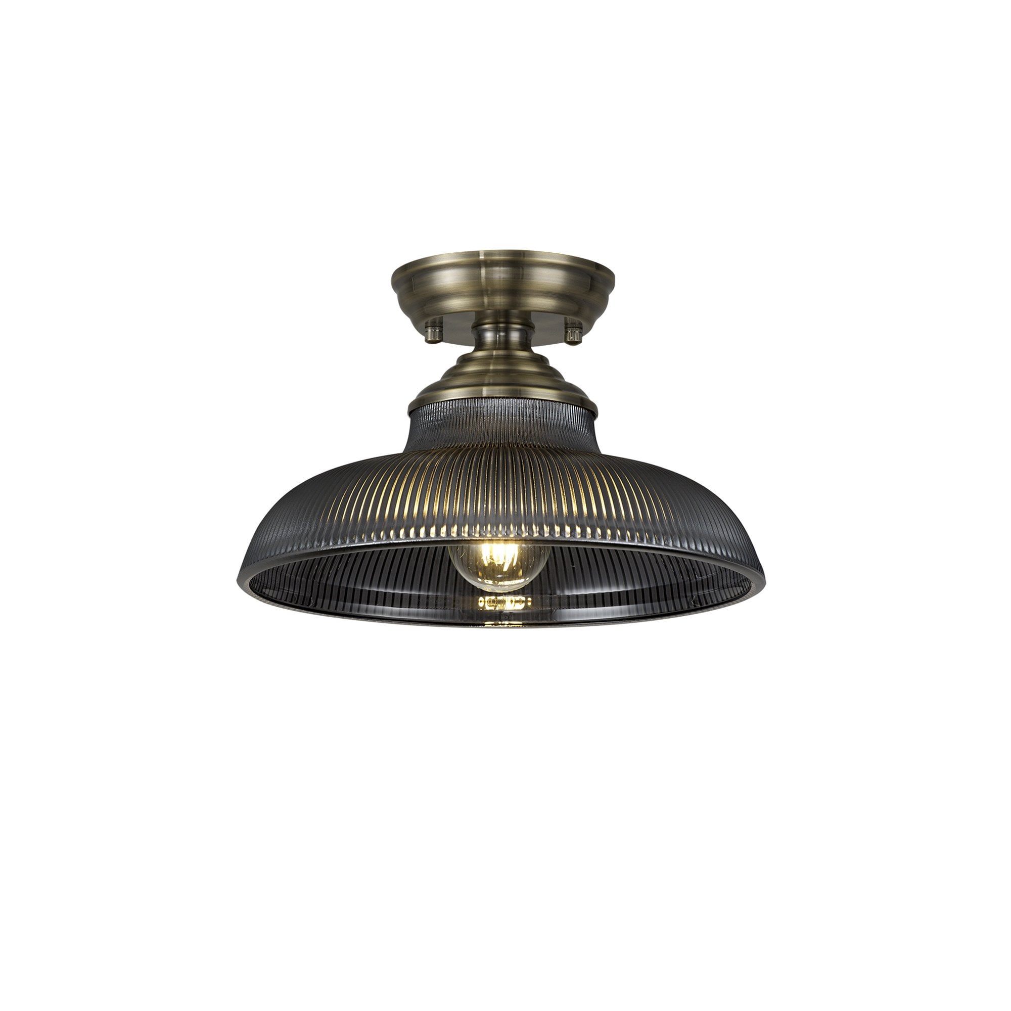 Fabula Mansfield Single Flush Light - 30cm Round Glass Shade - Antique Brass & Smoked Glass