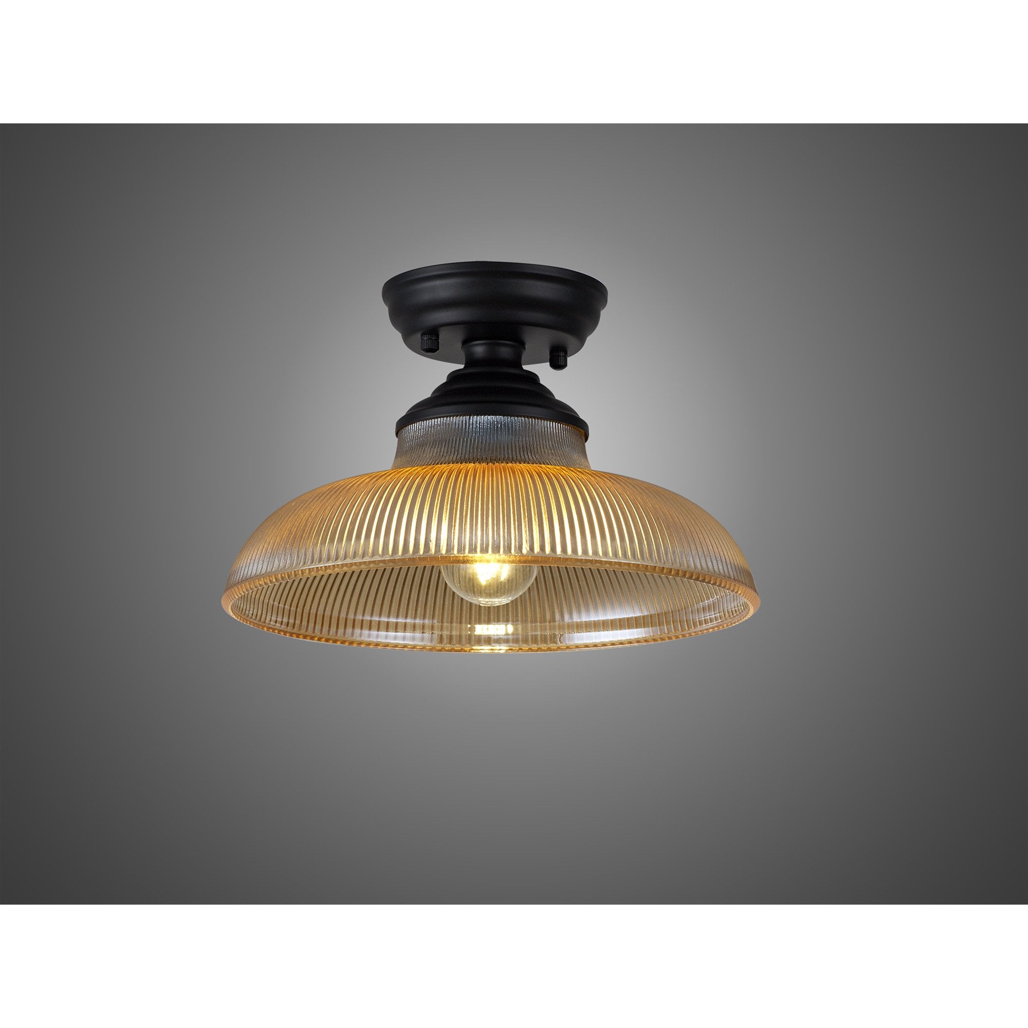 Fabula Mansfield Single Flush Light - 30cm Round Glass Shade - Matt Black & Amber Glass