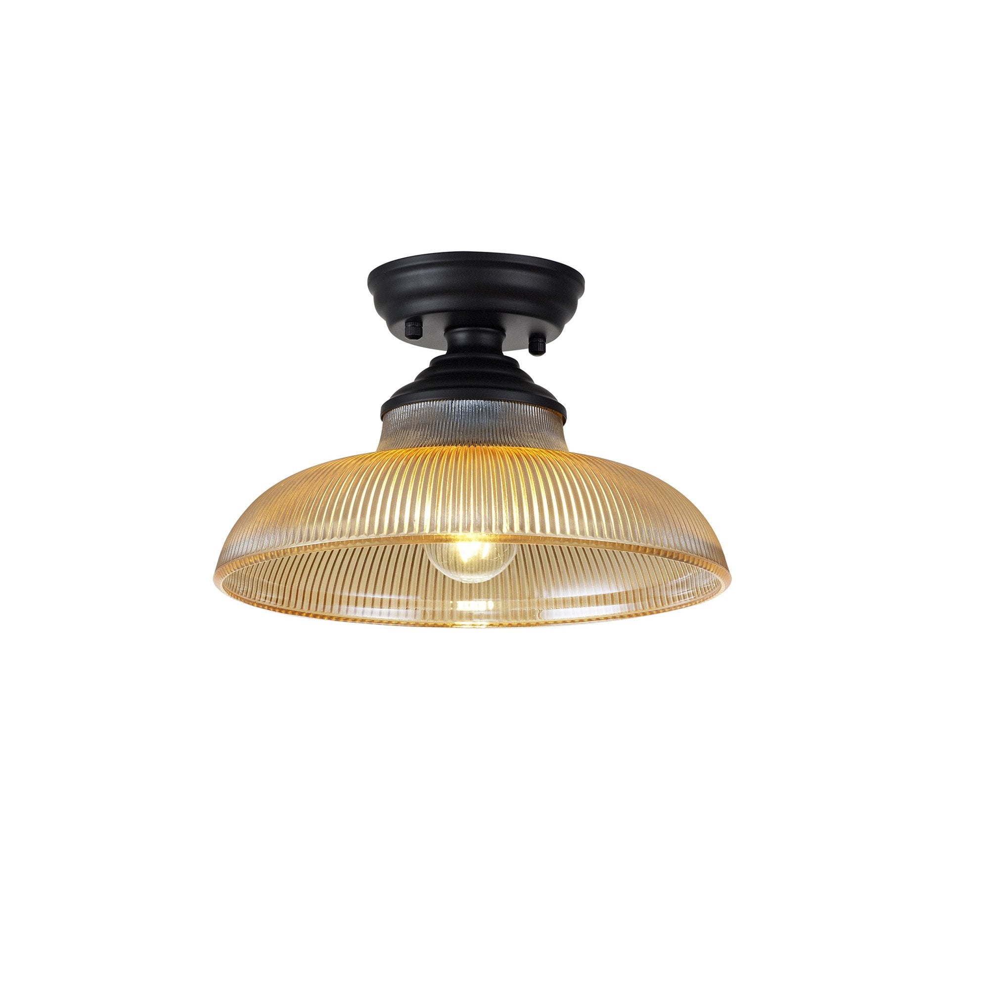 Fabula Mansfield Single Flush Light - 30cm Round Glass Shade - Matt Black & Amber Glass