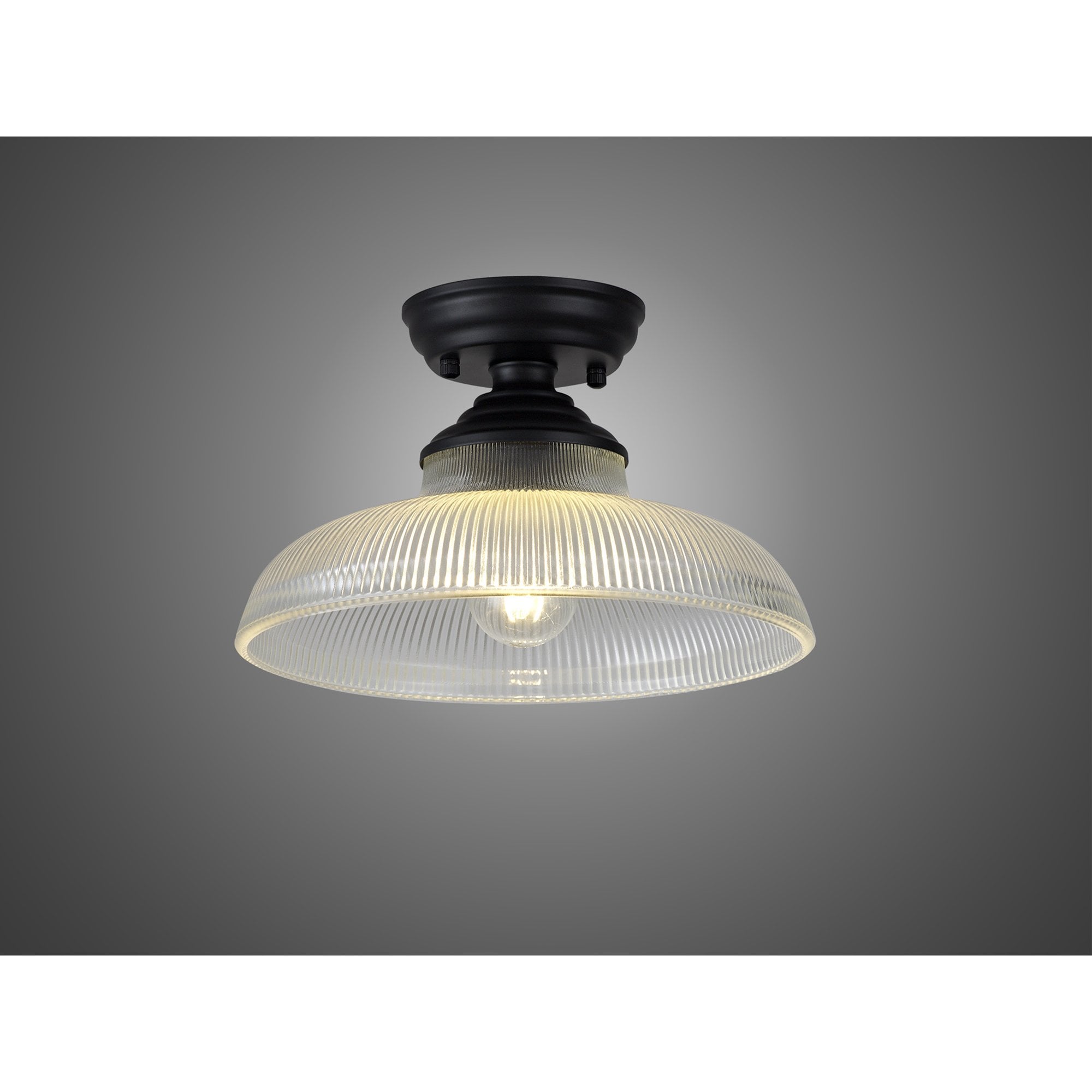 Fabula Mansfield Single Flush Light - 30cm Round Glass Shade - Matt Black & Clear Glass